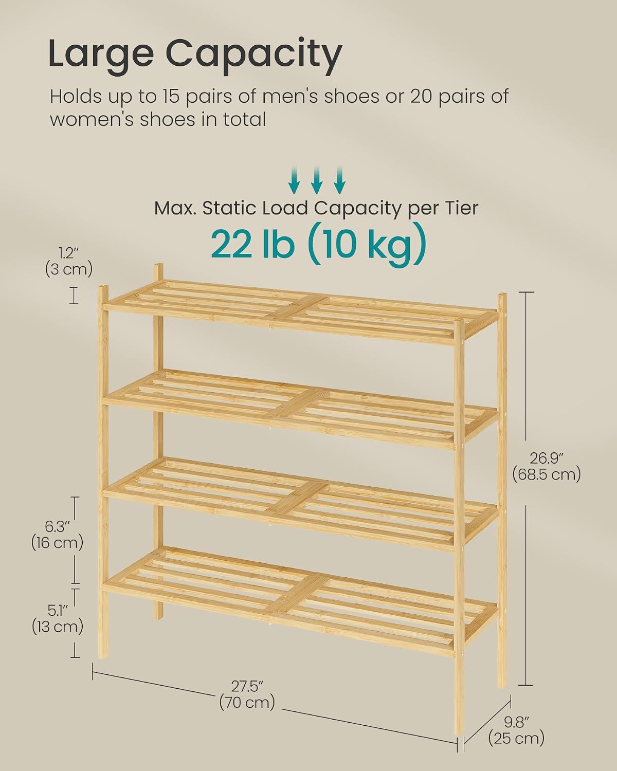 SONGMICS Bamboo Shoe Rack for Closet, Stackable Shoe Oragnizer with Modular Structure, Space-Saving Free Standing Shelf for Entryway Bedroom, 4-Tier, Holds 15-20 Pairs, Natural Color ULBS054YL01 - Image 3