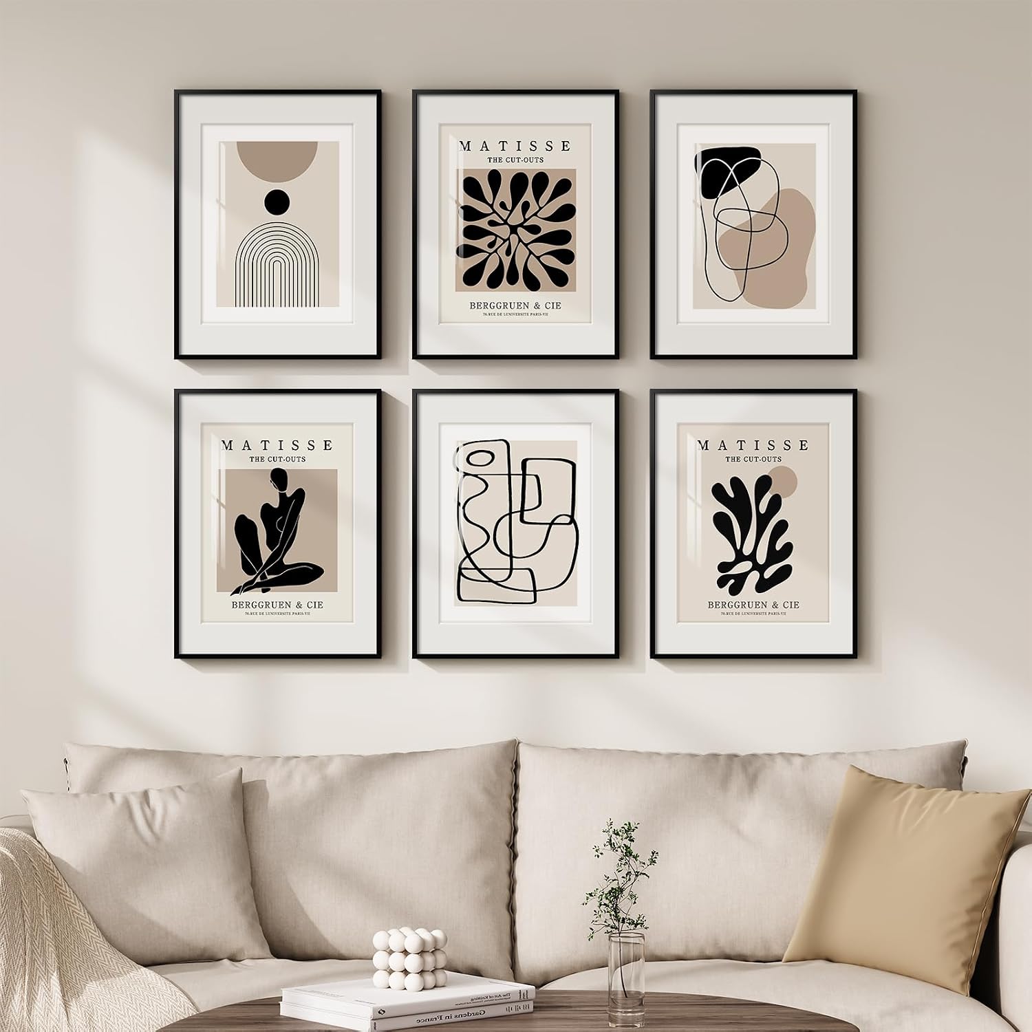 Framed Neutral Abstract Wall Art for Living Room, Set of 6 Minimalist Black Beige Prints Artwork for Walls, Modern Matisse and Geometric Pictures for Bedroom Dining Room Bathroom Wall Decor 11x14 In