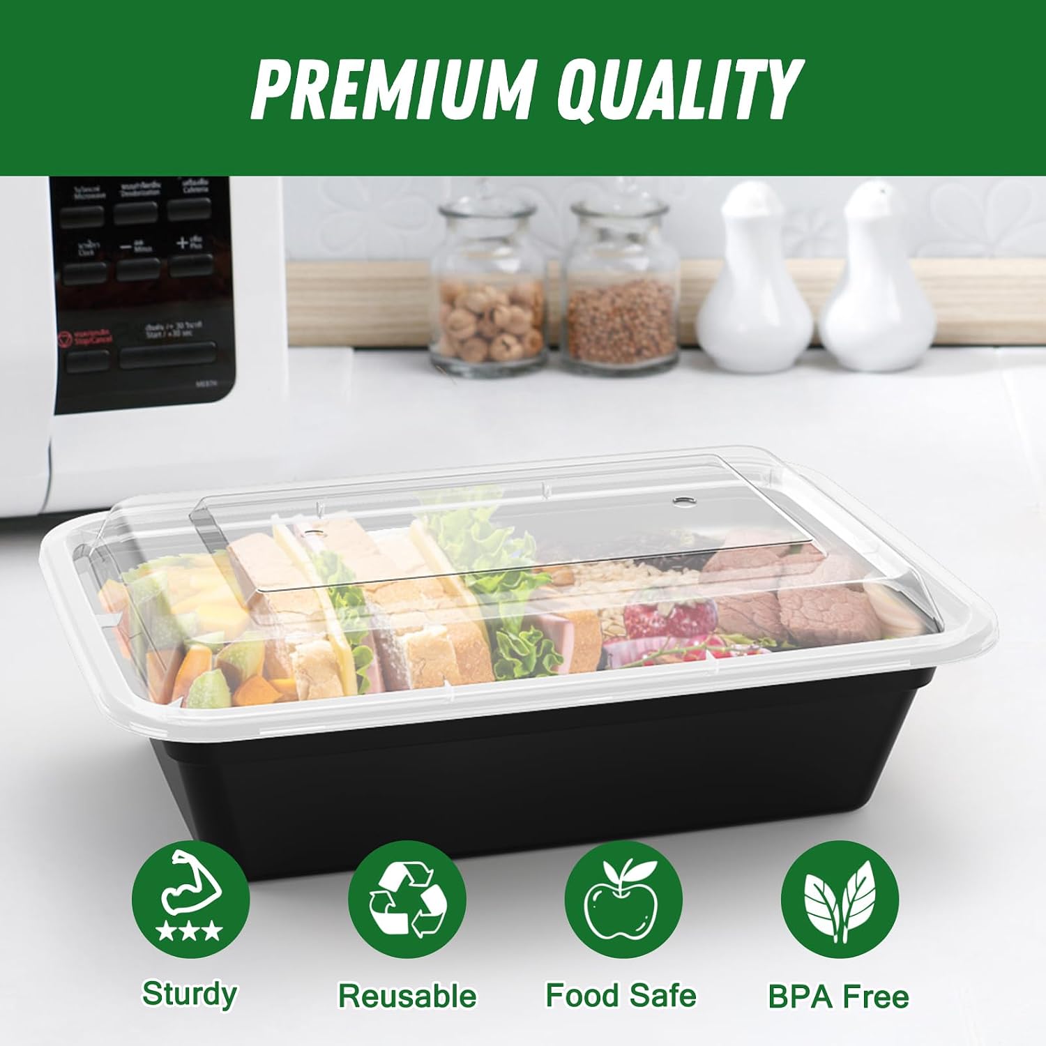 Dealusy 50 Pack (100-Piece) 38 oz Meal Prep Containers Reusable with Lids, Sturdy Leakproof & Food Safe, Microwave, Freezer, Dishwasher Safe Prep Containers, To Go Take Out Plastic Food Storage - Image 3