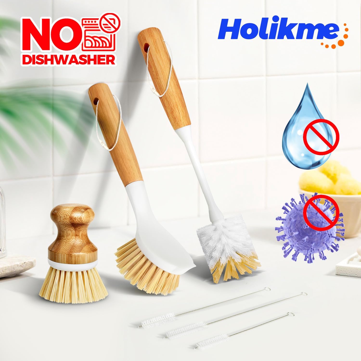 Holikme 6 Pack Dish Brush Scouring Pad Set with Bottle Brush, Dish Brush, Palm Scrub Brush and Straw Brush, Dish Scrubber Long Handle for Dish Bottle Cup Pot Pan Iron Abrasive Cup Brushes, Yellow - Image 5