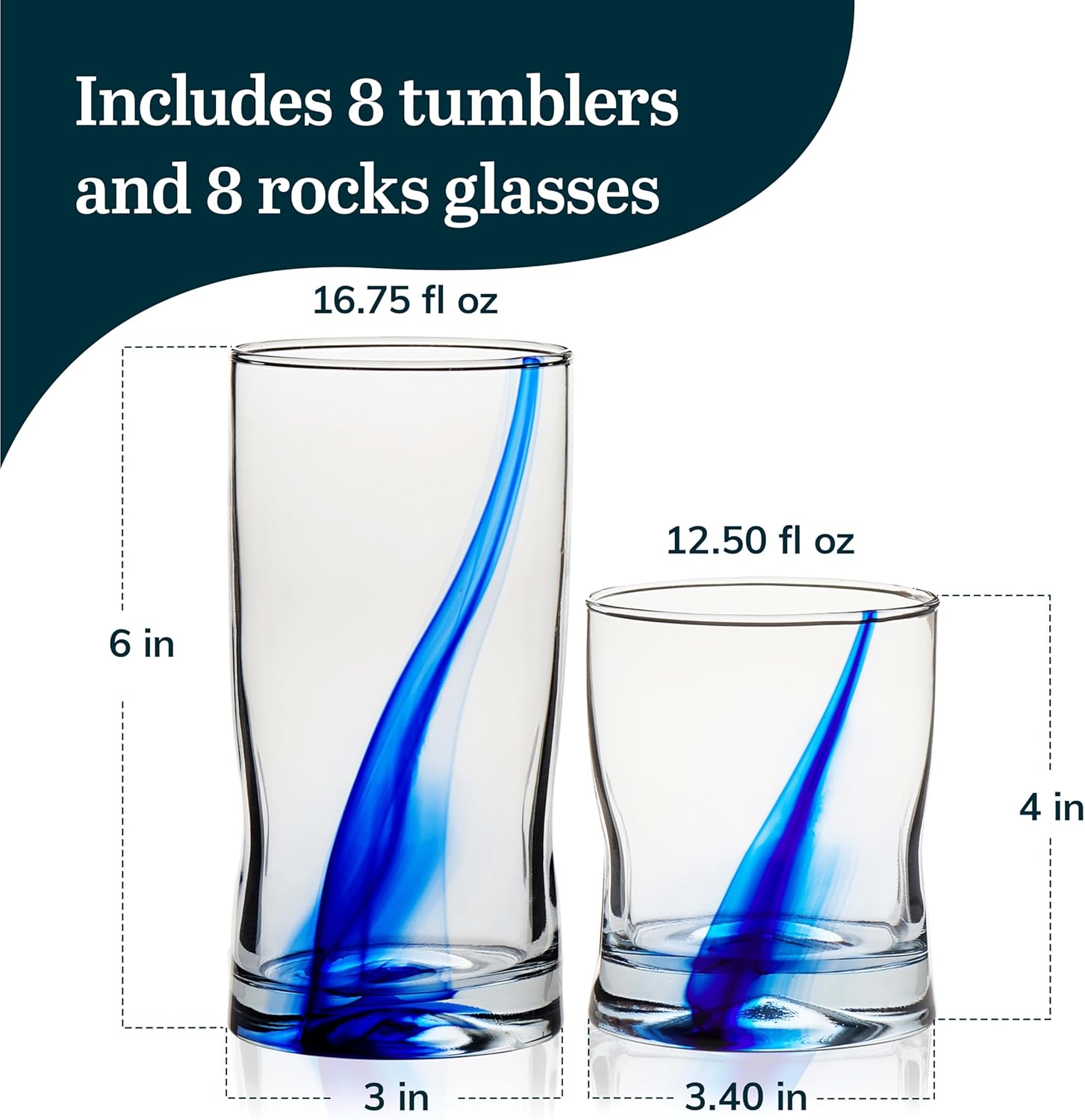 Libbey Tumbler and Rocks Glasses Drinking Set, Unique Blue Ribbon Drinking Glasszes for Dining, Dishwasher Safe Bar Glassware Set - Image 3