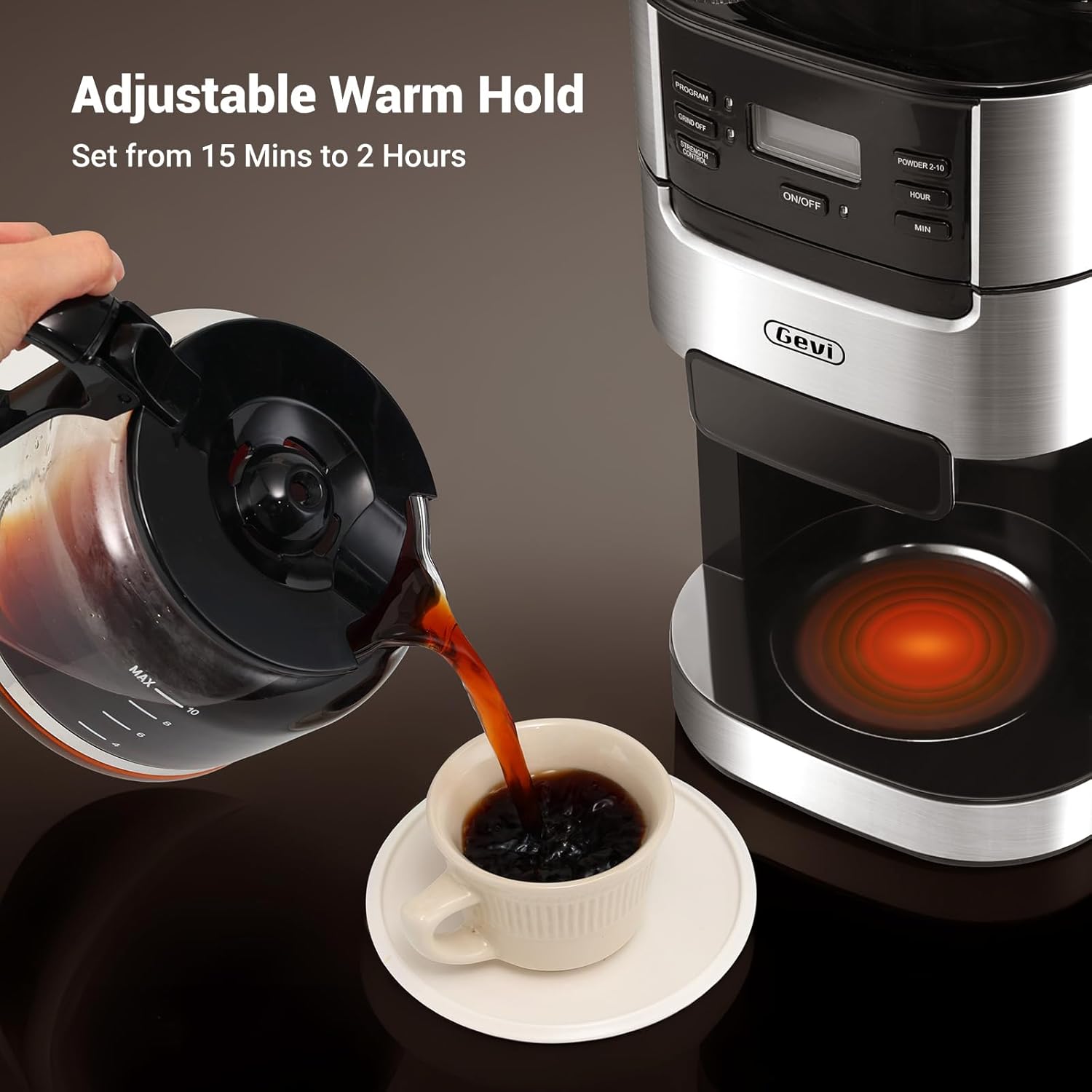 Gevi 10-Cup Drip Coffee Maker with Built-in Burr Grinder & Programmable Timer, 1.5L Water Tank, Auto Keep-Warm, Reusable Filter - Fresh Ground Coffee Machine (Black) - Image 3
