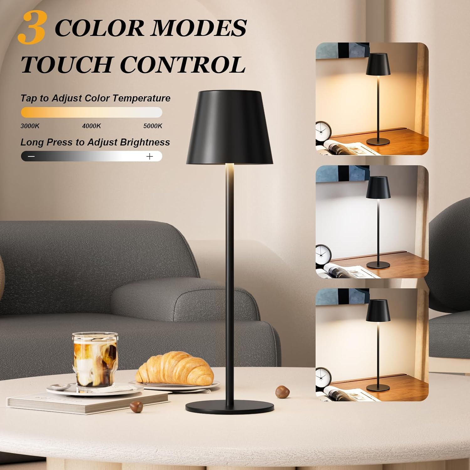 Kakanuo Cordless Table Lamp Rechargeable Black - KK 2 Pack 5000mAH Battery Operated Lamp for Counter, 3 Color Stepless Dimming Wireless Lamp for Dining Kitchen, Outdoor Patio, Touch Control - Image 2