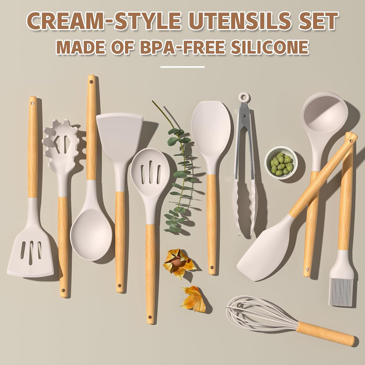 Umite Chef Kitchen Cooking Utensils Set, 33 pcs Non-Stick Silicone Cooking Kitchen Utensils Spatula Set with Holder, Wooden Handle Silicone Kitchen Gadgets Utensil Set (Khaki) - Image 4