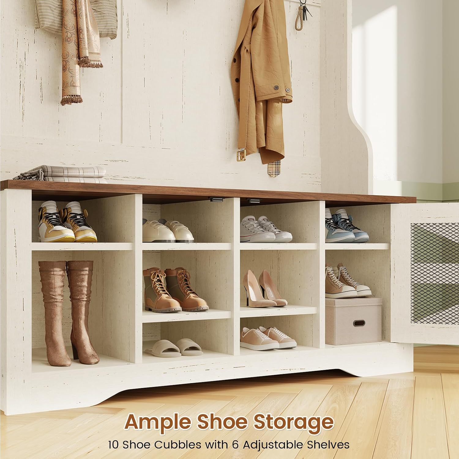 Itaar Hall Tree with Bench and Shoe Storage, 5-in-1 Entryway Bench with Coat Rack, 10 Shoe Cubbies & 9 Coat Hooks, Barn Door & Adjustable Shelf (White) - Image 5