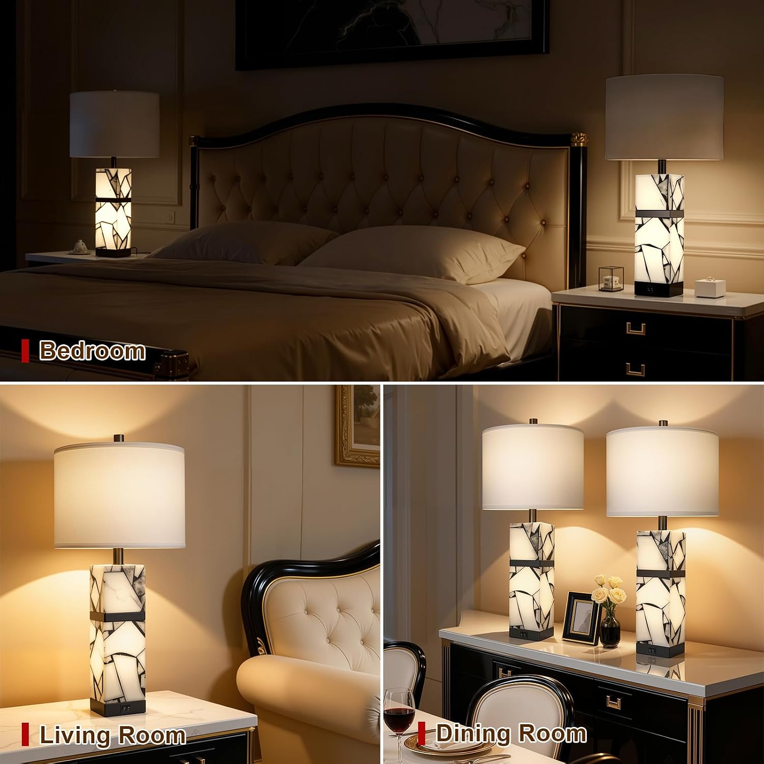 Scenekoy 27" Alabaster Table Lamps Set of 2 with Night Light for Living Room Bedroom, Nightstand Lamps with Linen Shade, Modern Bedroom Lamps with USB A+C Ports for Living Room Office (Bulb Included) - Image 6