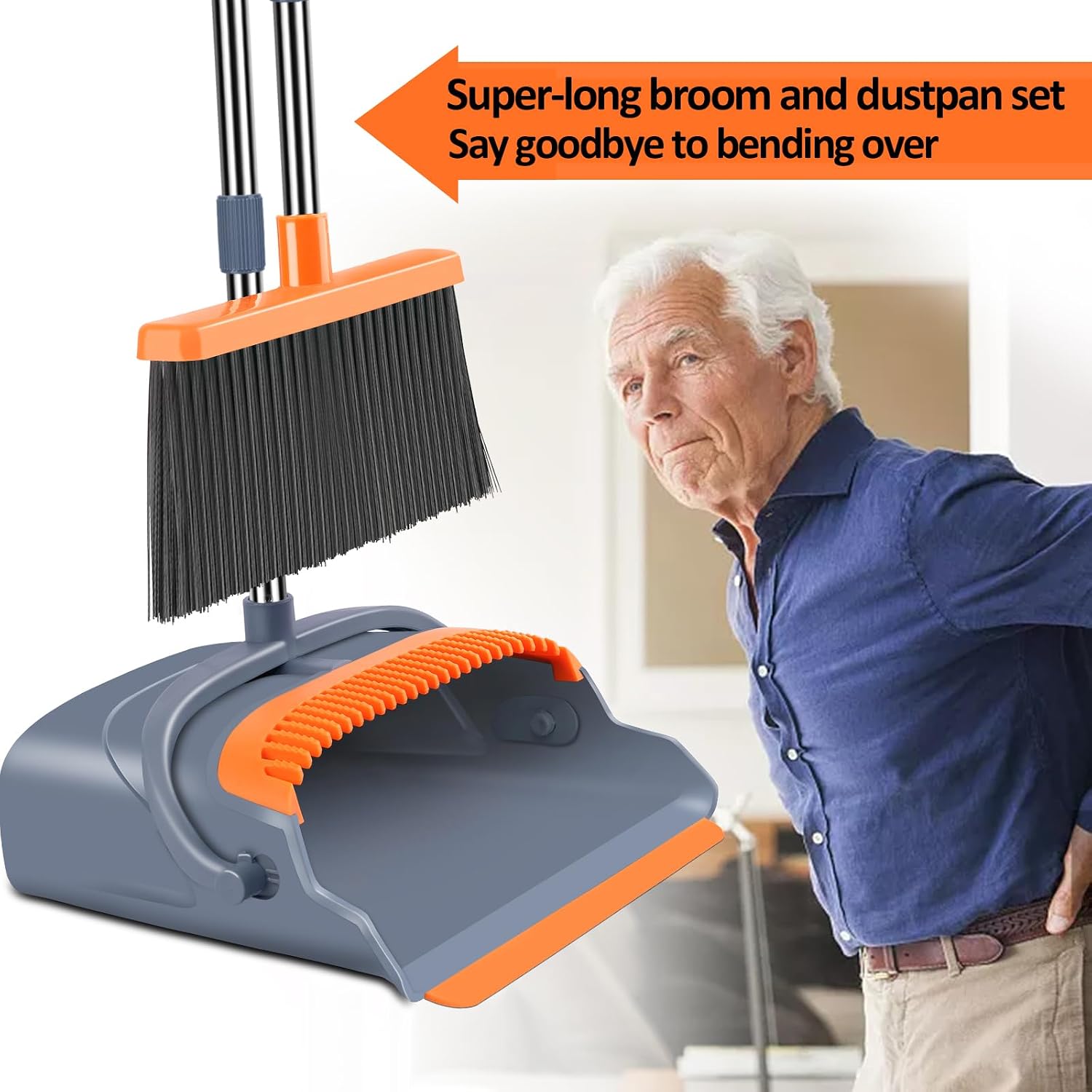 Upgrade Broom and Dustpan Set, Self-Cleaning with Dustpan Teeth, Indoor&Outdoor Sweeping, Ideal for Dog Cat Pets Home Use, Stand Up Broom and Dustpan (Gray&Orange) - Image 4