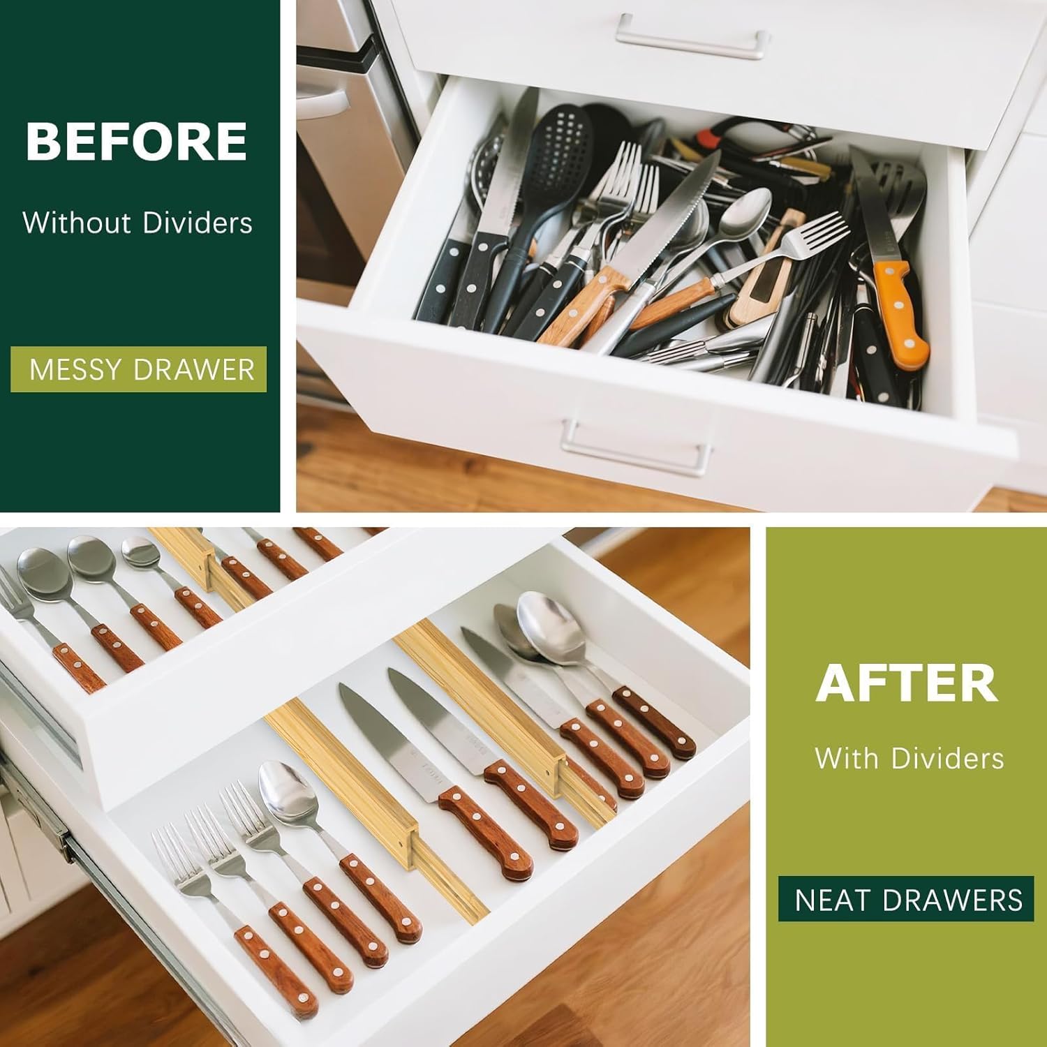 Lzerking Kitchen Drawer Dividers 6 Pack Bamboo Drawer | 17-22" Adjustable, Spring Loaded, Expandable Utensil Organizer, Works in Kitchen, Dresser, Closet, Bathroom, Bedroom - Image 6