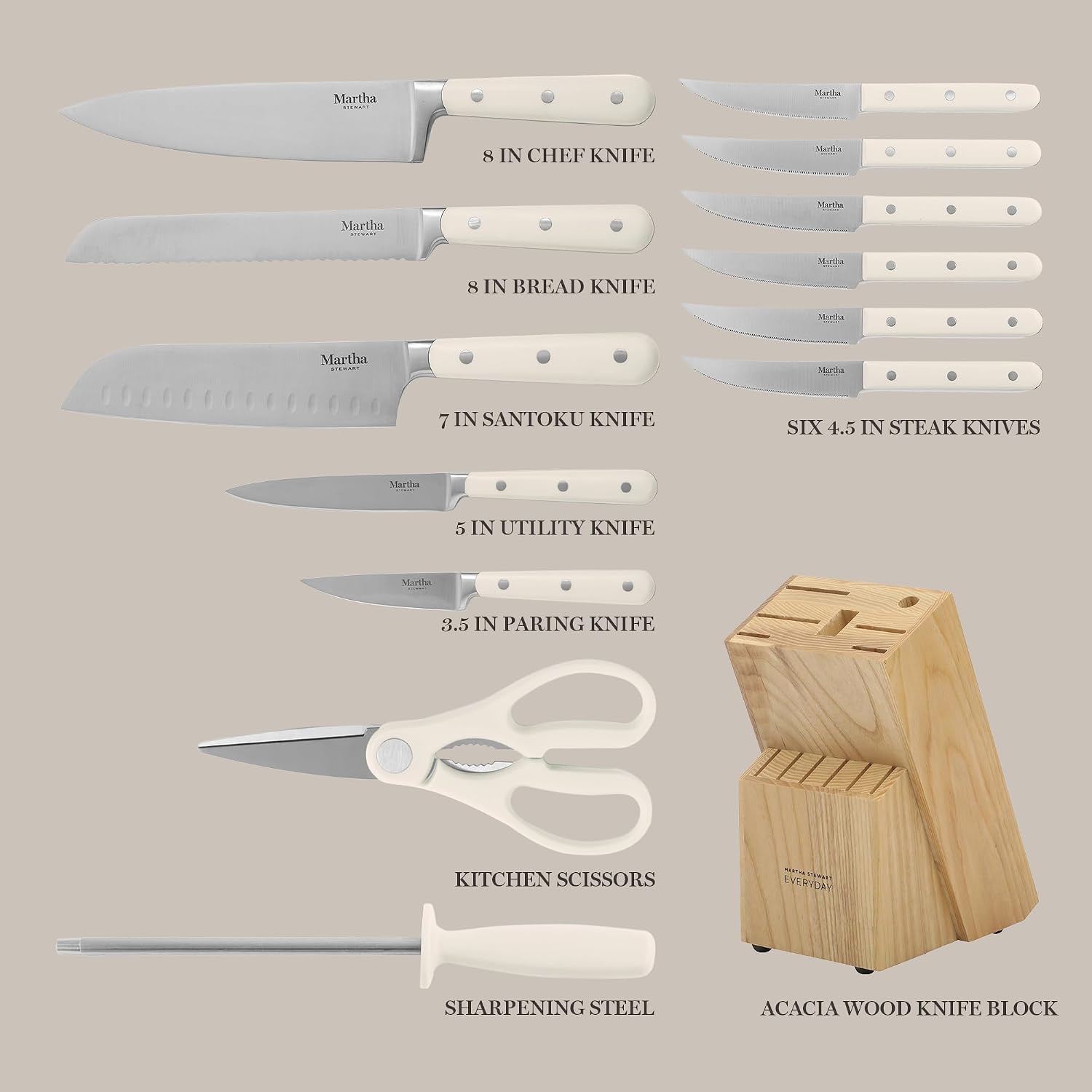 MARTHA STEWART Eastwalk 14 Piece High Carbon Stainless Steel Cutlery Kitchen Knife Block Set w/ABS Triple Riveted Forged Handle Acacia Wood Block - Linen White - Image 5