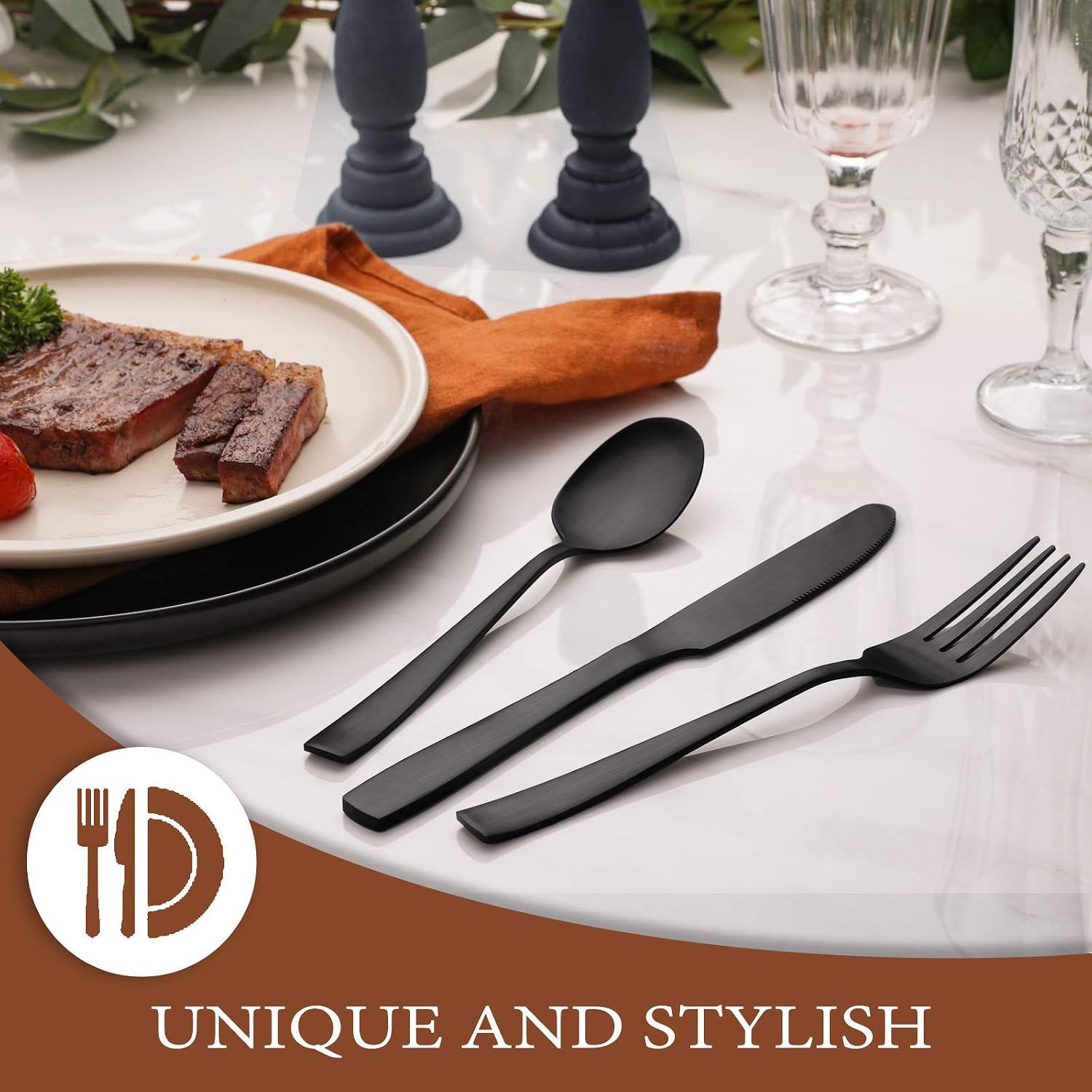 Hiware 24 Pieces Matte Black Silverware Set with Steak Knives for 4, Stainless Steel Flatware Utensils Set, Hand Wash Recommended - Image 6