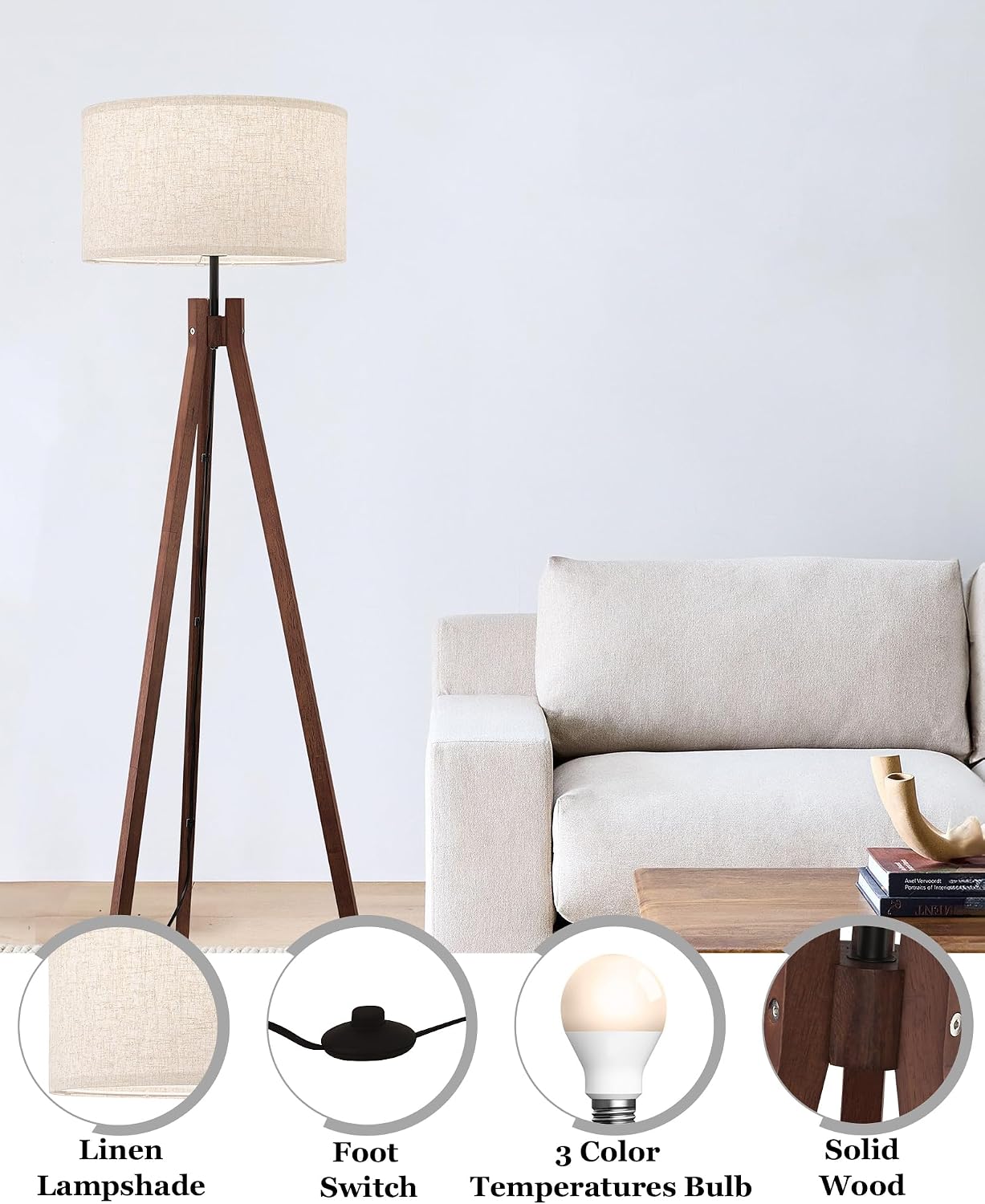 ELYONA Wood Tripod Floor Lamp, Mid Century Reading Standing Lamp with 3 Color Temperatures & Linen Shade, Modern Night Light for Bedroom, Farmhouse, Living Room, Office, 9W LED Bulb Included, Brown - Image 7