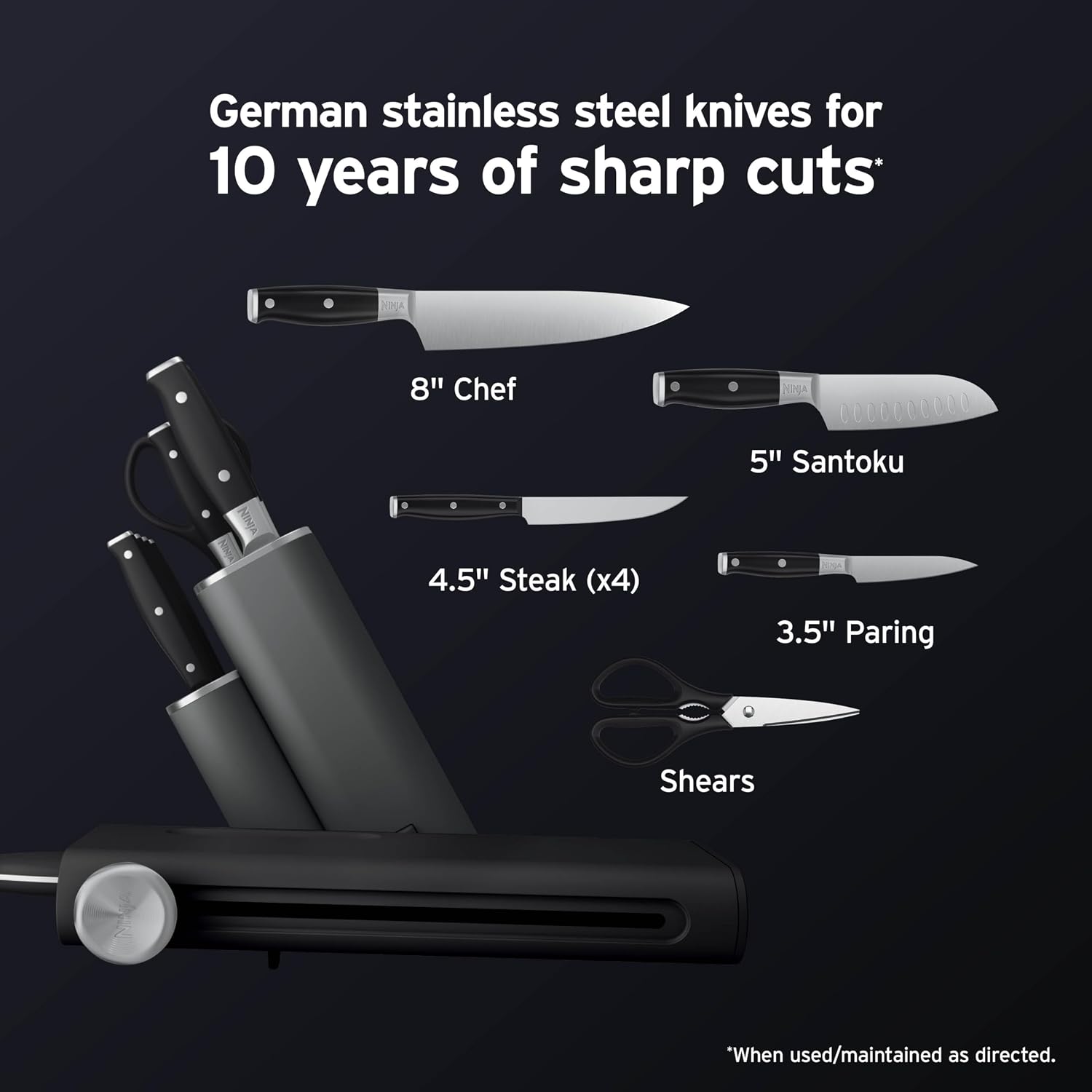Ninja NeverDull® 10-Piece Premium German Stainless Steel Knife Set, Space-Saving Removeable Sharpener, 10-Year Guarantee, Razor Sharp Knives, NeverDull Technology, NK32010BK1, Black - Image 9