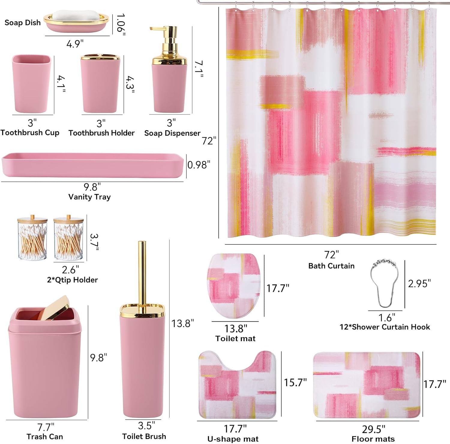 XLHOMO Bathroom Set - Pink and Gold Bathroom Accessories Set, Bathroom Sets with Shower Curtain and Rugs, Pink Shower Curtain Set with Bathroom Trash Can, Soap Dispenser, Soap Dish for Home Decor - Image 6