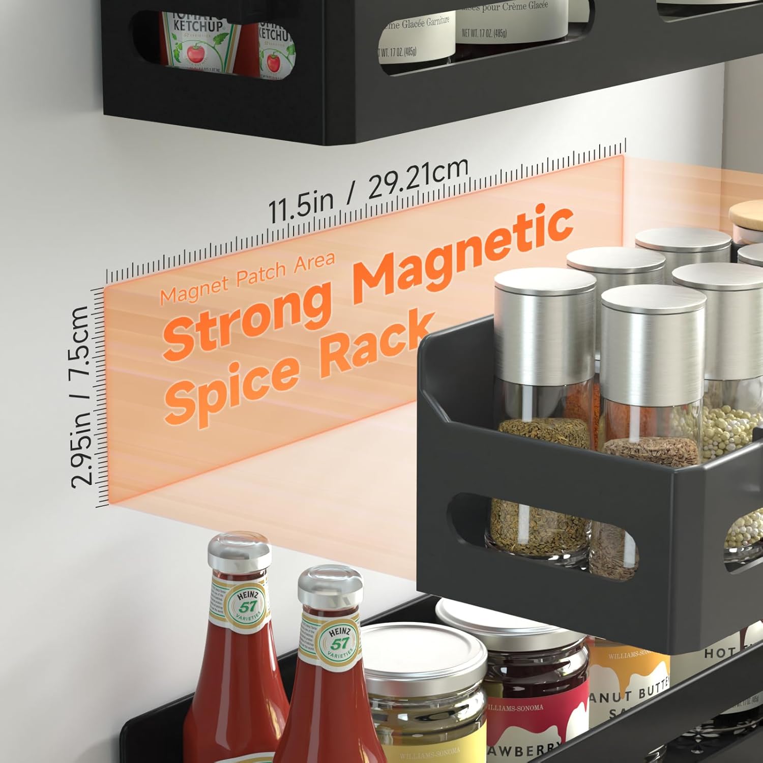 Sevenblue 4-Pack Magnetic Spice Rack for Refrigerator with Hooks, Black | Strong multipurpose magnetic shelf for kitchen & bathroom organization. Includes 4 removable hooks for hanging items. - Image 2