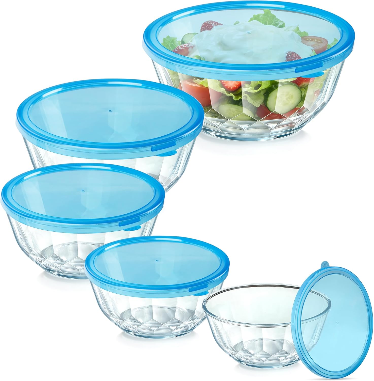 ENVTEK Thick Glass Mixing Bowls with Airtight Lids Set, 5-Piece Nesting Bowls for Baking & Meal Prep, BPA Free, Dishwasher Safe, 0.5/0.8/1.6/2.7/4.4 Quart - Blue