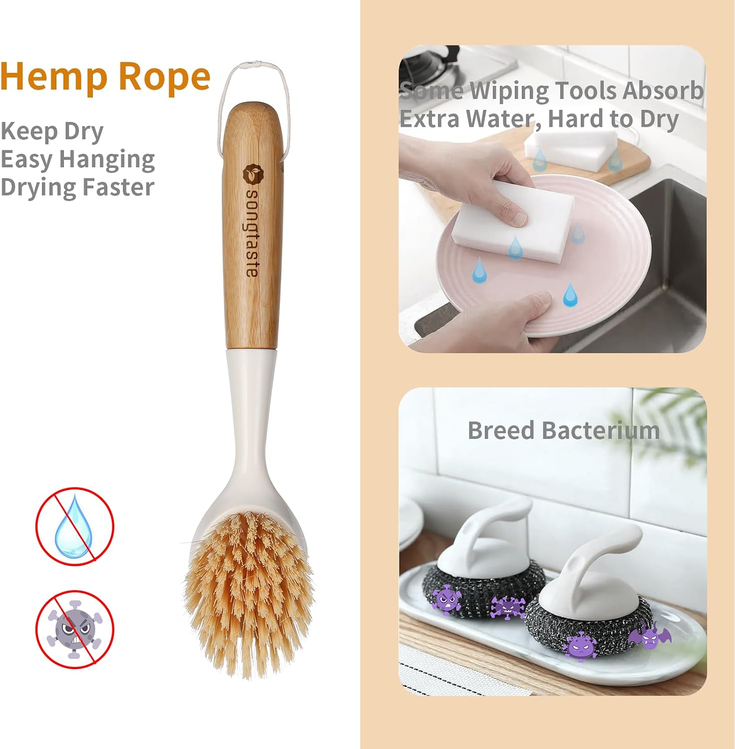 2 Pack Kitchen Dish Brush Bamboo Handle Dish Scrubber Built-in Scraper, Scrub Brush for Pans, Pots, Kitchen Sink Cleaning, Dishwashing and Cleaning Brushes are Perfect Cleaning Tools, White - Image 2