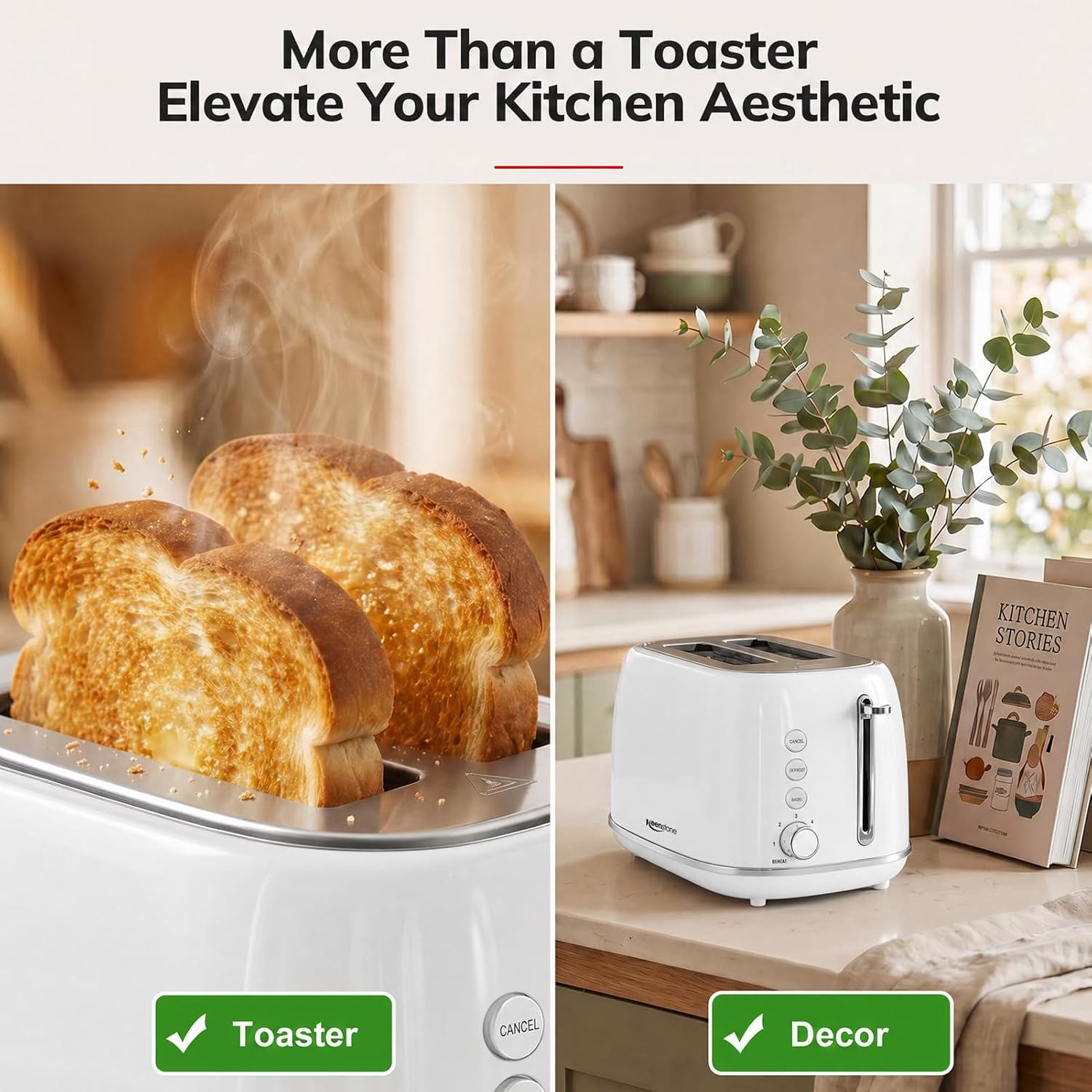 Keenstone Toaster 2 Slice, Retro Wide Slot Stainless Steel Toaster with 6 Browning Levels, Reheat & Defrost, for Bagel, Toast, Bread, Kitchen Essentials, Removable Crumb Tray, White - Image 2