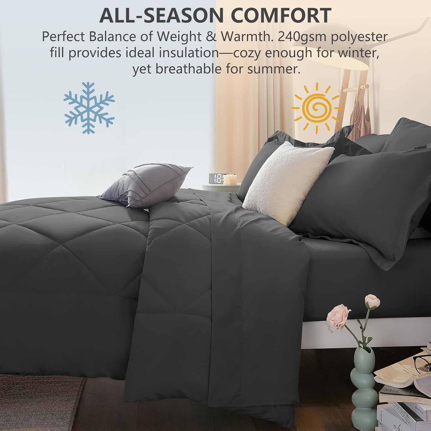 CozyLux King Size Comforter Set Dark Grey - 7 Pieces Bed in a Bag King, Luxury Soft Bed Set for All Seasons, Bedding Set with Down Alternative Comforter, Sheets, Pillowcases & Shams - Image 8