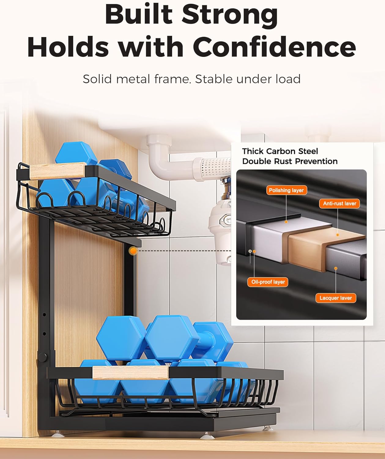 Sevenblue 2-Pack 2-Tier Height Adjustable Under Sink Organizer & Storage | Multi-purpose storage for kitchen & bathroom cabinet. Large black shelf, height adjustable design for space-saving. - Image 6