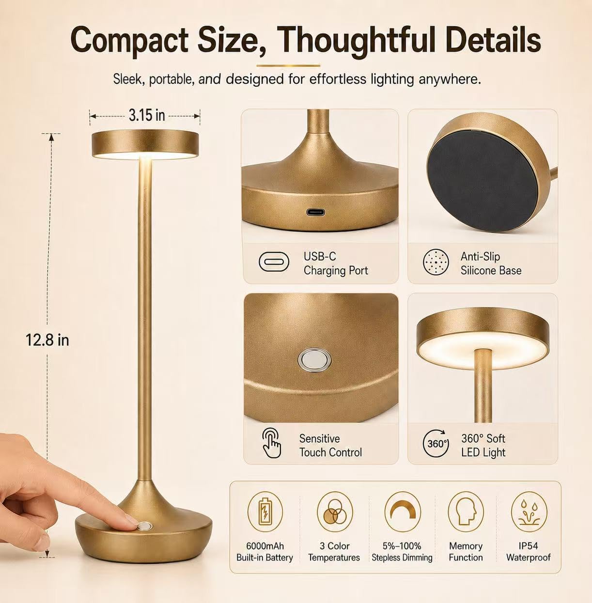 Rechargeable Cordless Table Lamps,6000mAh Portable LED light,Up to 72 Hours,Battery Operated Table Light,Dimmable Touch Control, Waterproof for Restaurant, Dining , Outdoor Patio & Home (Titanium 2) - Image 6
