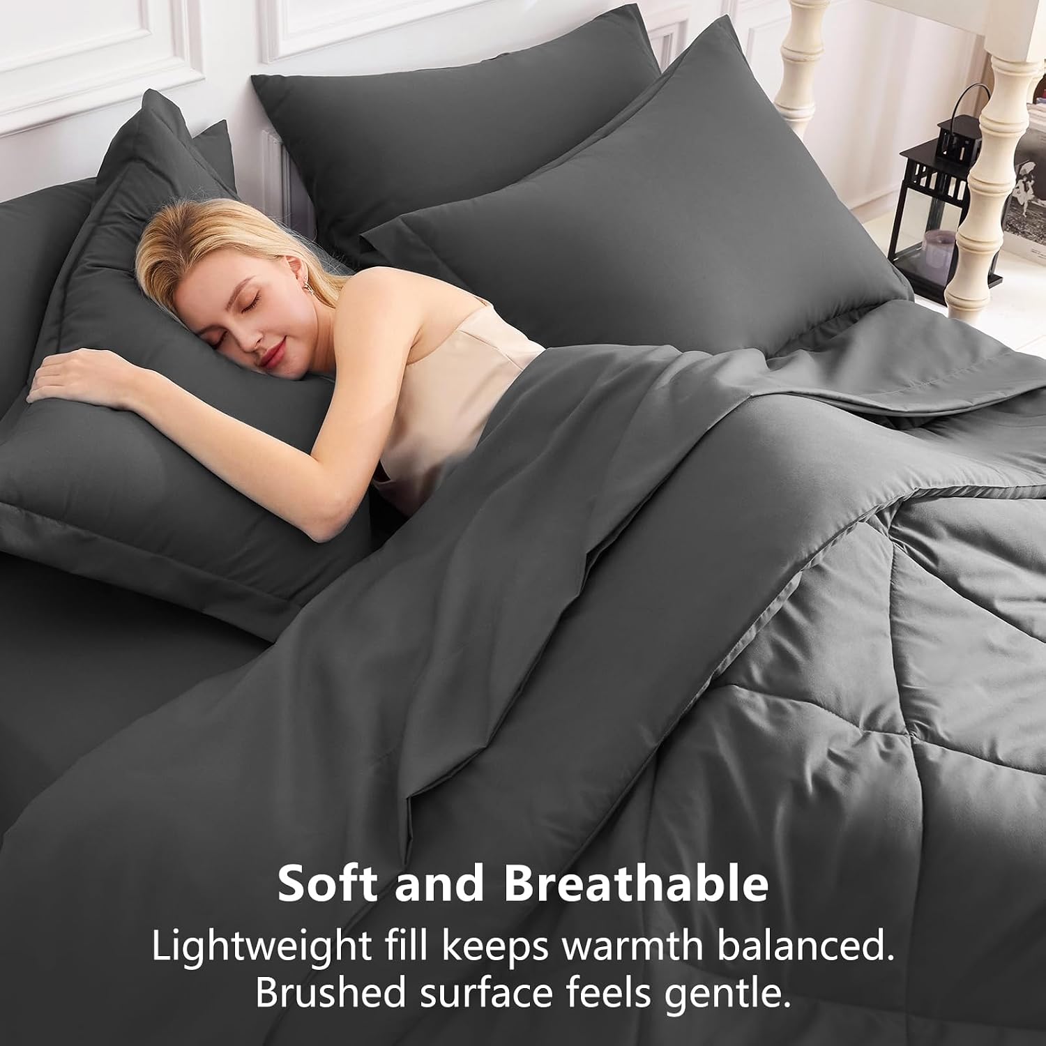 CozyLux King Size Comforter Set Dark Grey - 7 Pieces Bed in a Bag King, Luxury Soft Bed Set for All Seasons, Bedding Set with Down Alternative Comforter, Sheets, Pillowcases & Shams - Image 4