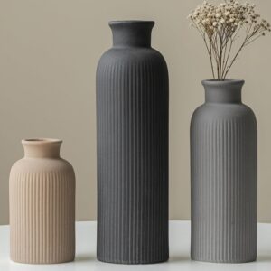 Modern Ceramic Vase Set, Black Ribb...