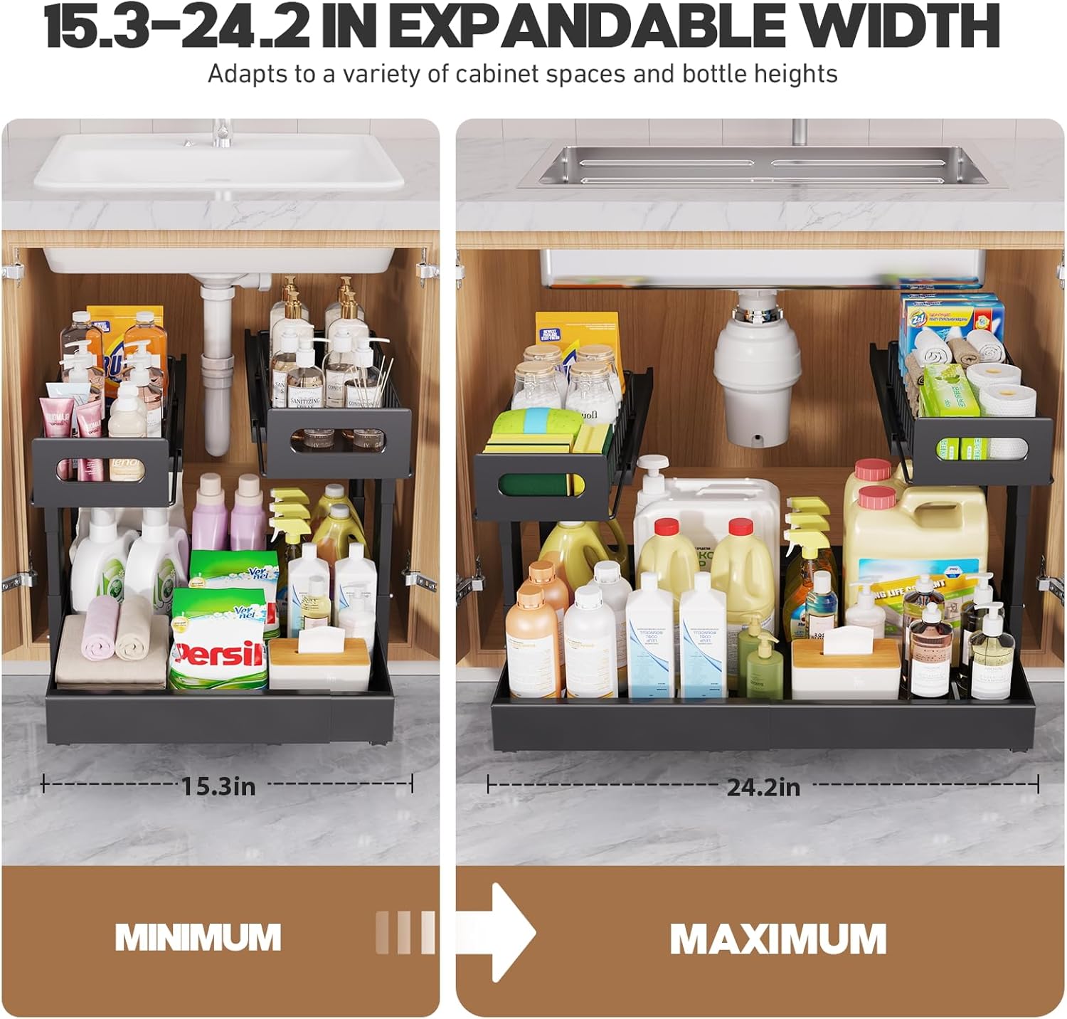 1 Pack Expandable Under Sink Organizers And Storage With Upgrade Ball-Bearing Slide Tracks,2-Tier Pull Out Under Cabinet Organizer Height Adjustable,Slide Out Under Sink Drawers-Black(Patent Pending) - Image 7