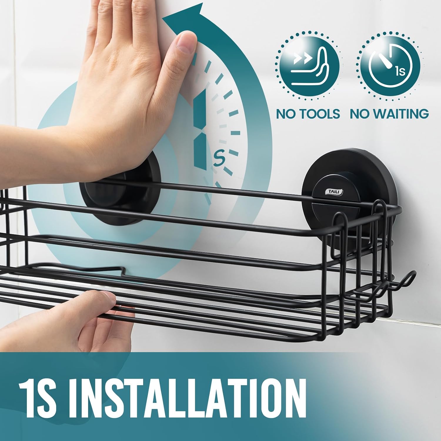 TAILI Shower Caddy Suction Cup 2 Pack with Hooks & Soap holder, Heavy Duty Shower Organizer for Bathroom, No Drilling Bathroom Organizer with Large Capacity, Black Metal Storage Basket - Image 2