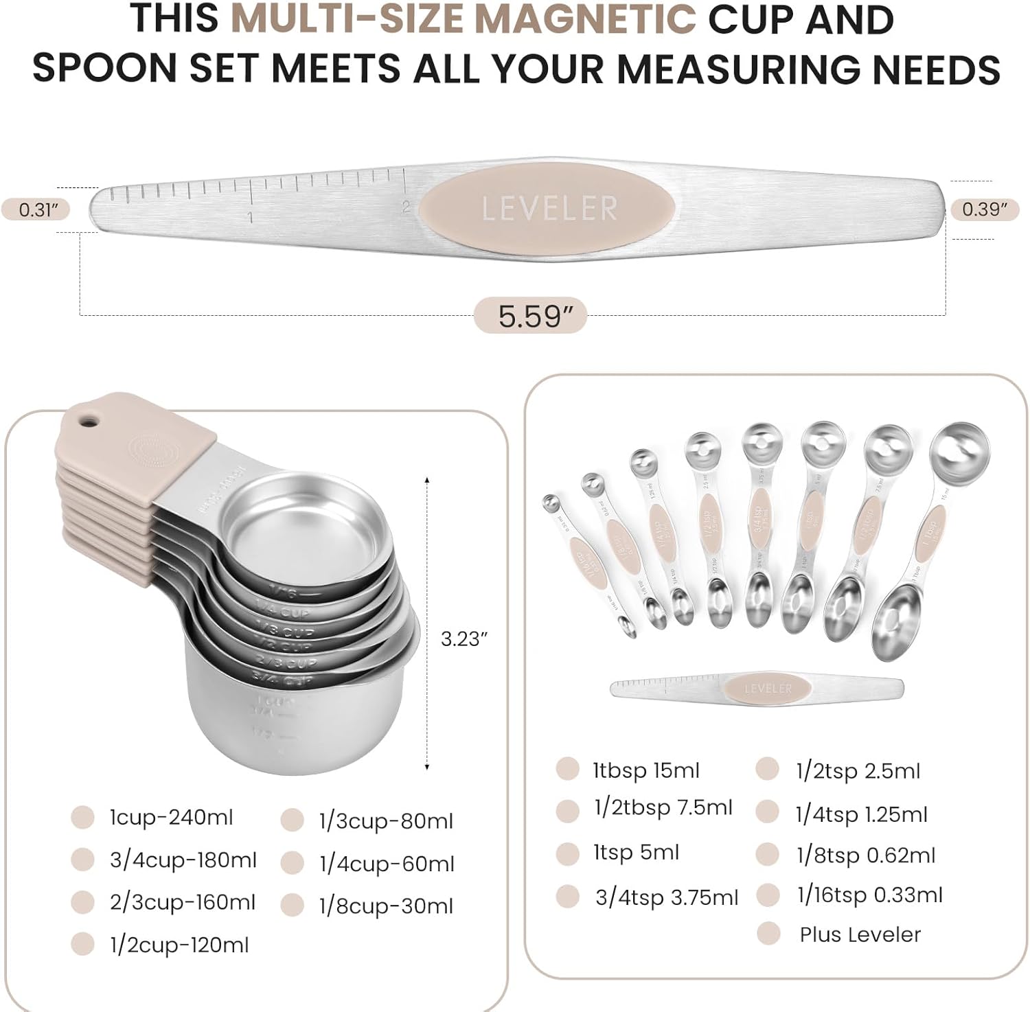 Magnetic Measuring Cups and Spoons Set-Heavy Duty 304 Stainless Steel,Double Measurement Markings,Set of 16 with Leveler for Measure Dry and Liquid Ingredients (khaki) - Image 6