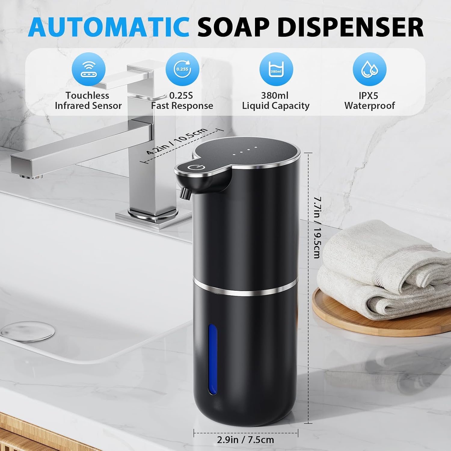 Fantictas Automatic Soap Dispenser Touchless Automatic Foam Soap Dispenser 380ML 4 Adjustable Levels 1200mAh Soap Dispensing Wall Mount for Kitchen and Bathroom,Black - Image 4