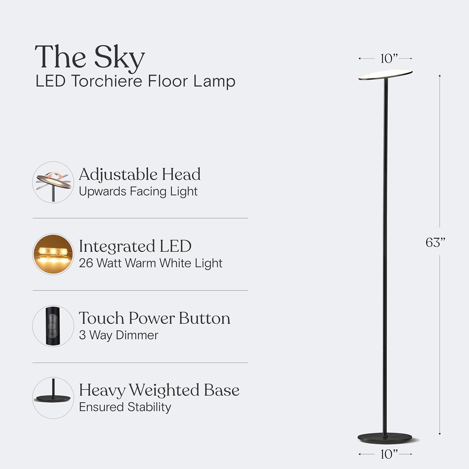 Brightech Sky LED Floor lamp, Torchiere Super Bright Floor Lamp for Living Room Decor & Office - Dimmable, Tall Standing Torch Lamp with Warm Light for Bedroom & Reading - Black - Image 4