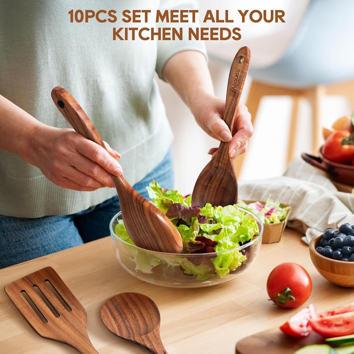 Wooden Spoons for Cooking, 10PCS Teak Wood Cookware Utensil Set with Hooks - Smooth Finish, Non-Stick, Comfortable Grip, Heat Resistant Kitchen Utensils - Image 7