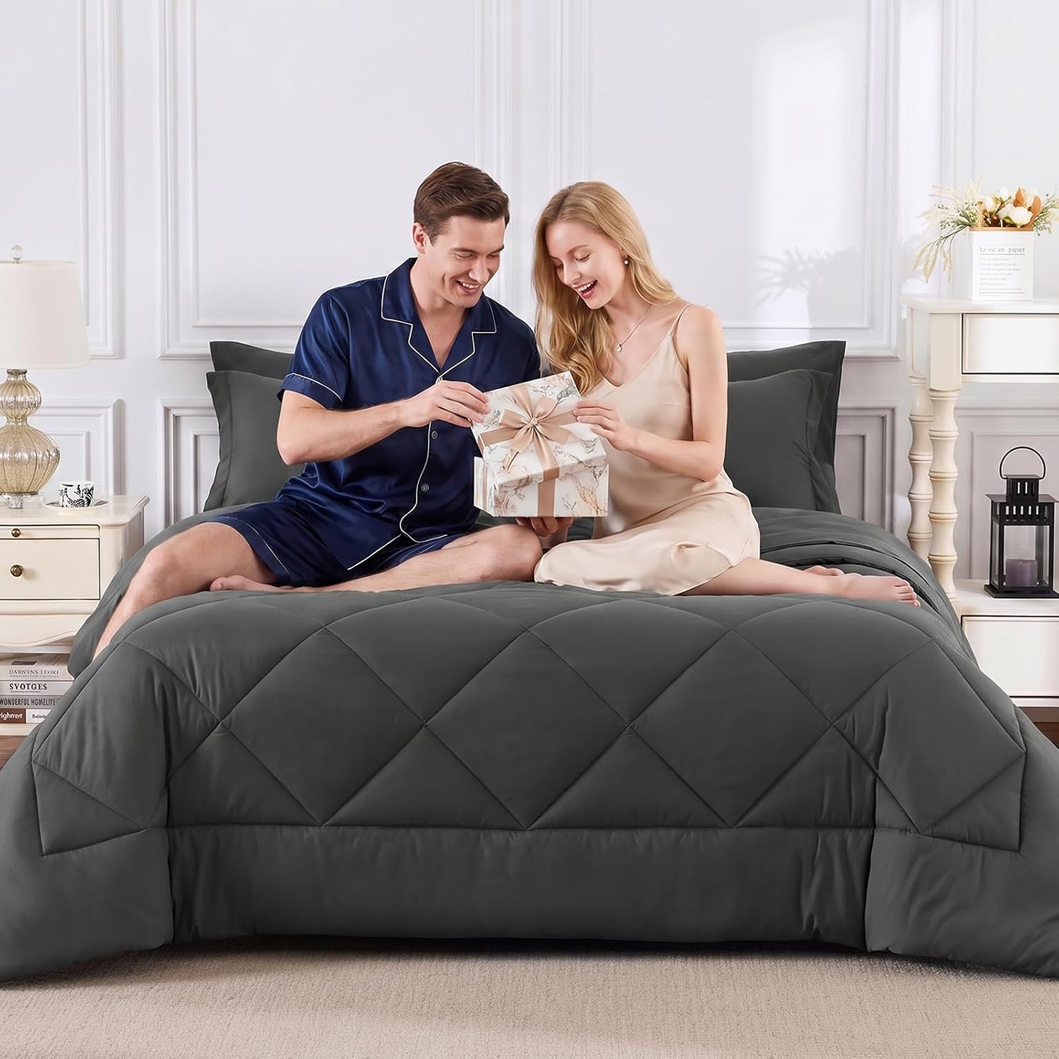 CozyLux King Size Comforter Set Dark Grey - 7 Pieces Bed in a Bag King, Luxury Soft Bed Set for All Seasons, Bedding Set with Down Alternative Comforter, Sheets, Pillowcases & Shams - Image 9