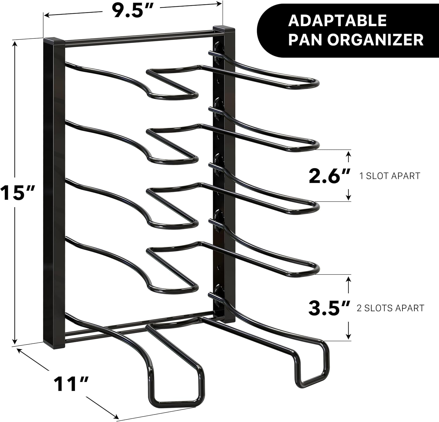 SIMPLE HOUSEWARE 5 Compartments Height Adjustable Pan Organizer, Black - Image 2