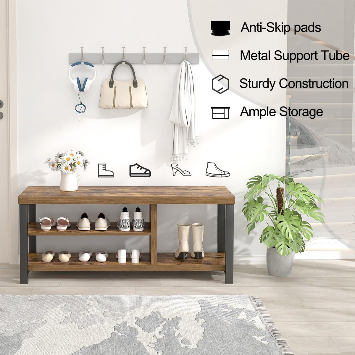 EXCEFUR Shoe Bench, Modern Wood Storage Bench for Entryway Hallway, Industrial Indoor Shoe Rack Bench Seat for Living Room Bedroom, 43.3 Inch Rustic Brown - Image 5