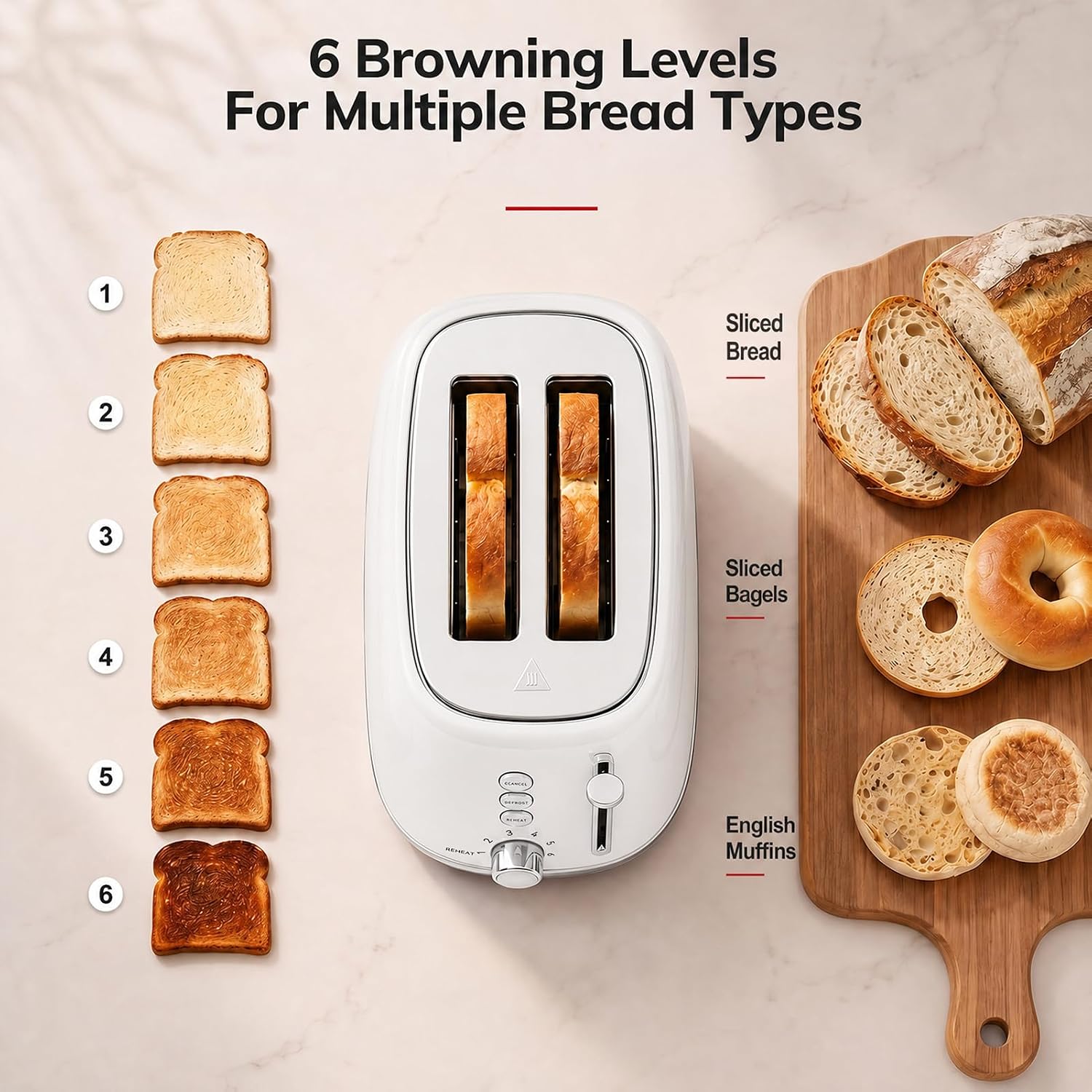 Keenstone Toaster 2 Slice, Retro Wide Slot Stainless Steel Toaster with 6 Browning Levels, Reheat & Defrost, for Bagel, Toast, Bread, Kitchen Essentials, Removable Crumb Tray, White - Image 5