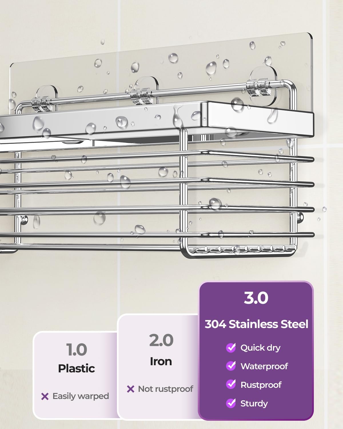 ODesign Shower Caddy 3 Pack SUS304 Stainless Steel-No Drilling-Shower Bathroom Shelves Rack,Rustproof Wall Mounted,Adhesive Shower Shelf Basket Organizer-Silver - Image 2
