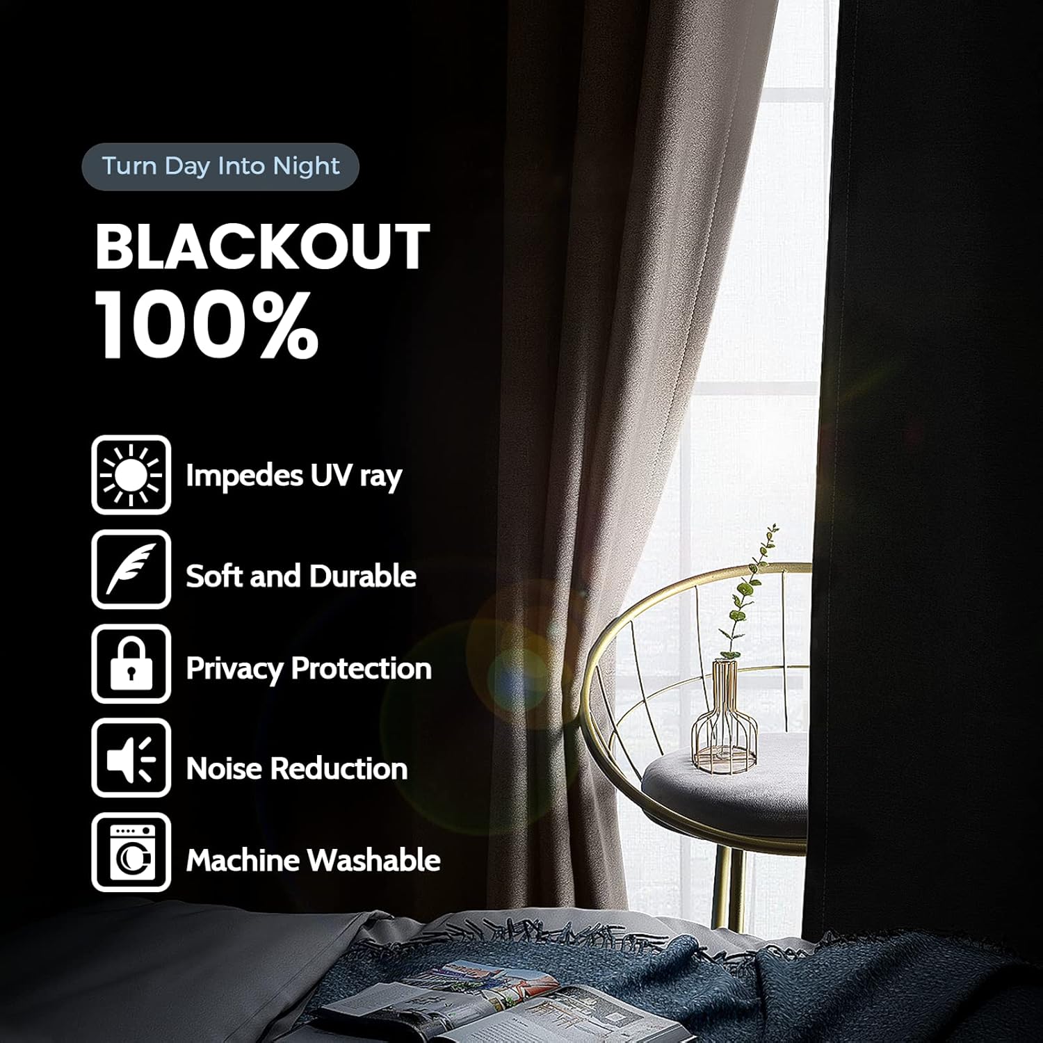 SimpleHome 100% Blackout Curtains for Bedroom,Thermal Insulated Grommet Window Drapes Room Darkening Cream Curtains for Living Room with Black Back,52 x 84 Inch,2 Panels - Image 3