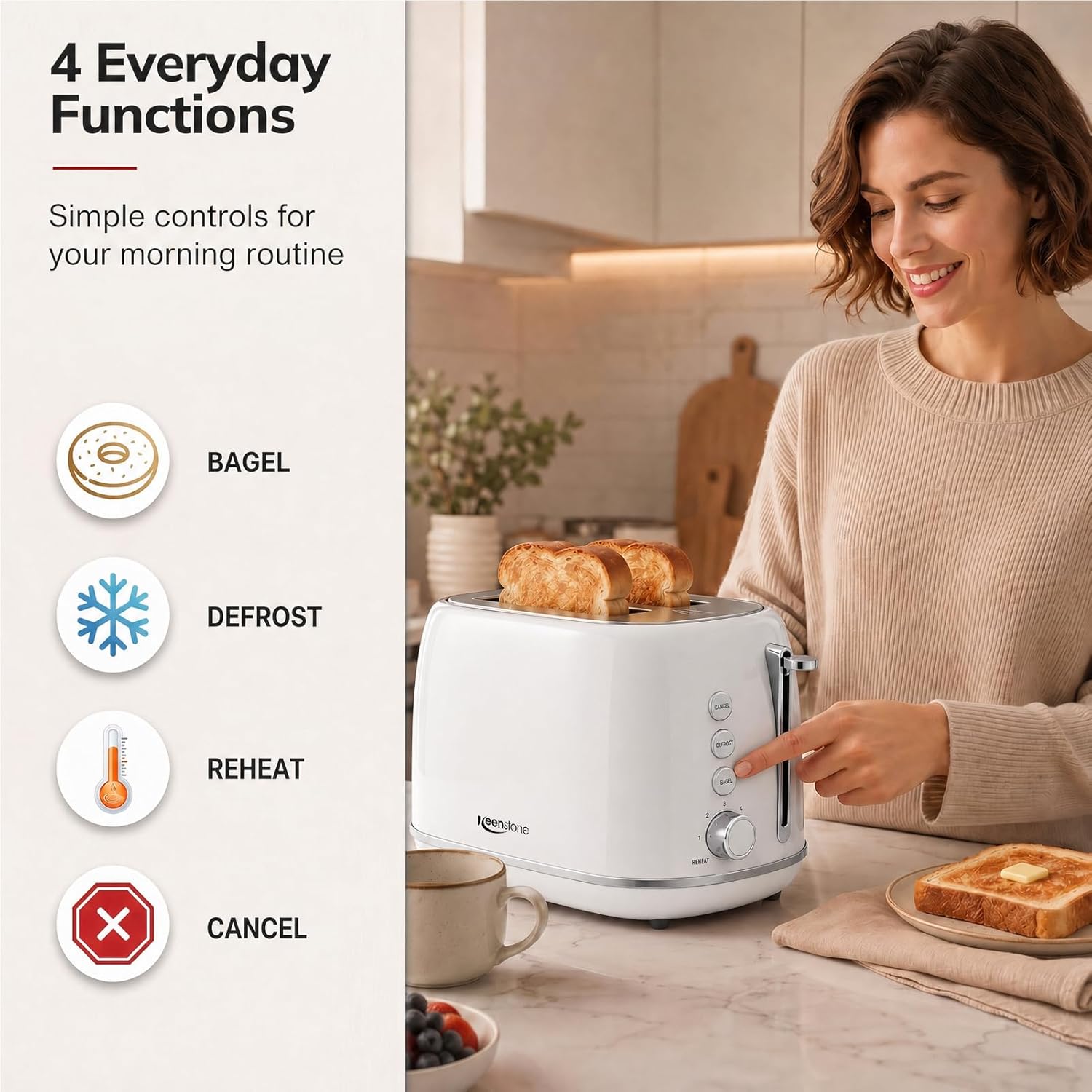 Keenstone Toaster 2 Slice, Retro Wide Slot Stainless Steel Toaster with 6 Browning Levels, Reheat & Defrost, for Bagel, Toast, Bread, Kitchen Essentials, Removable Crumb Tray, White - Image 4