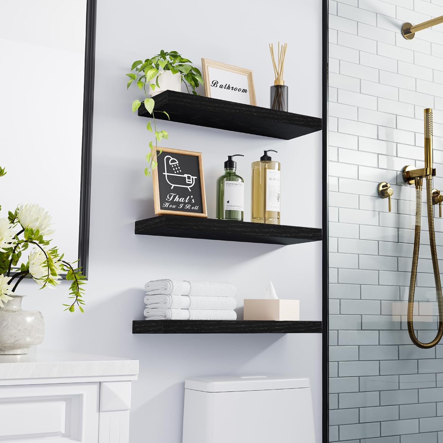 BAYKA Floating Shelves for Wall, Wall Mounted Rustic Wood Shelves for Bathroom, Bedroom, Living Room, Kitchen, Hanging Shelf for Books/Storage/Room Decor with 22lbs Capacity (Black, Set of 3, 15.7in) - Image 4