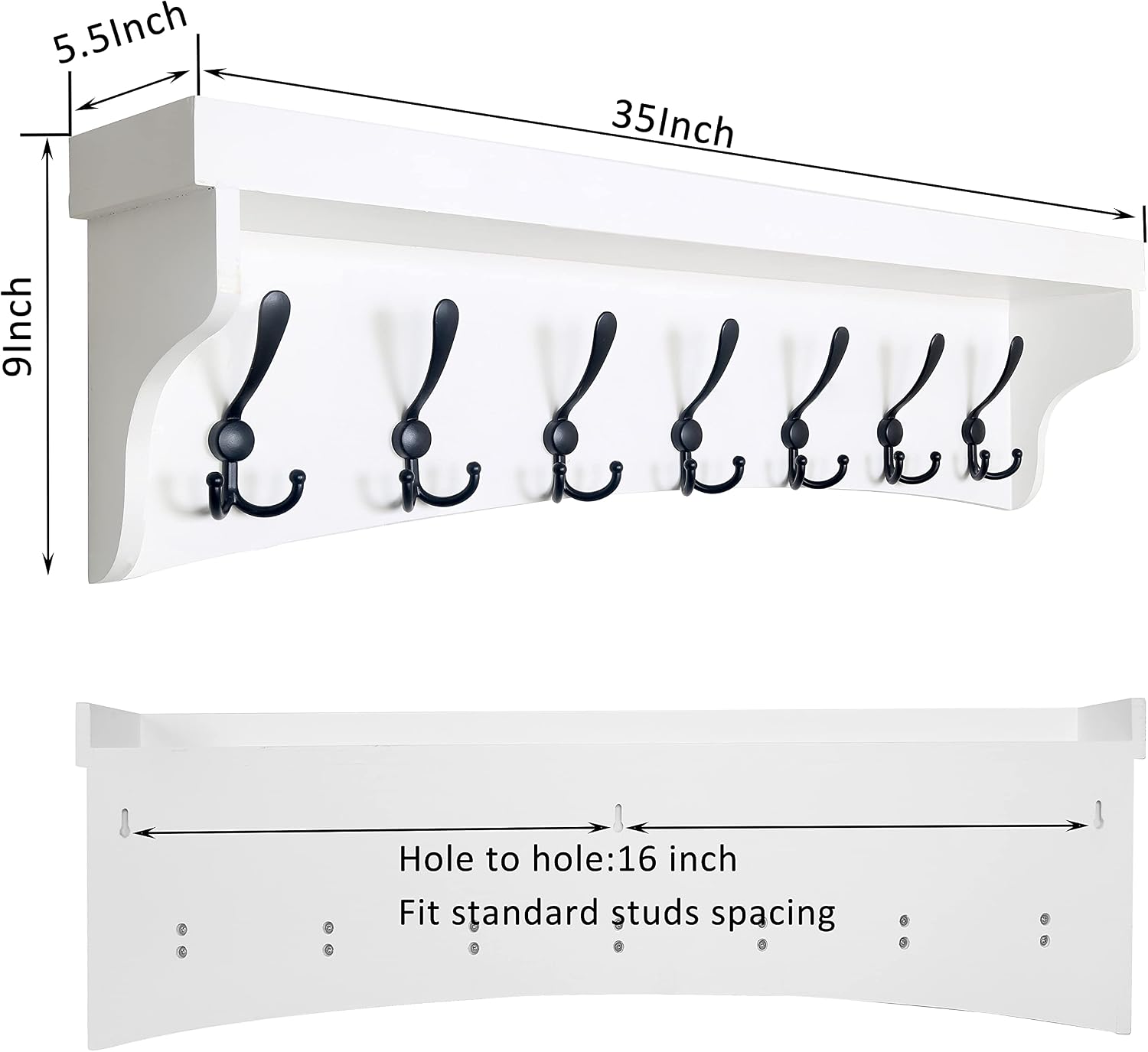 WEBI Coat Rack Wall Mount with Shelf,35" Long White Wall Shelf with Hooks Underneath,Entryway Coat Rack with 7 Triple Hooks for Hanging Coats,Bathroom,Mudroom,Hallway - Image 2