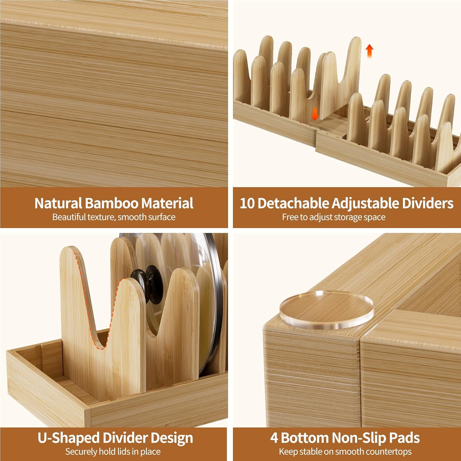 Housolution Bamboo Pot and Pan Organizer for Cabinet, 15"-29" Expandable Pot Lid Organizer with 10 Adjustable Dividers, Wooden Pan Holder Storage Rack, Fully Expanded Size 29.5" W x 8" D x 7.5" H - Image 4