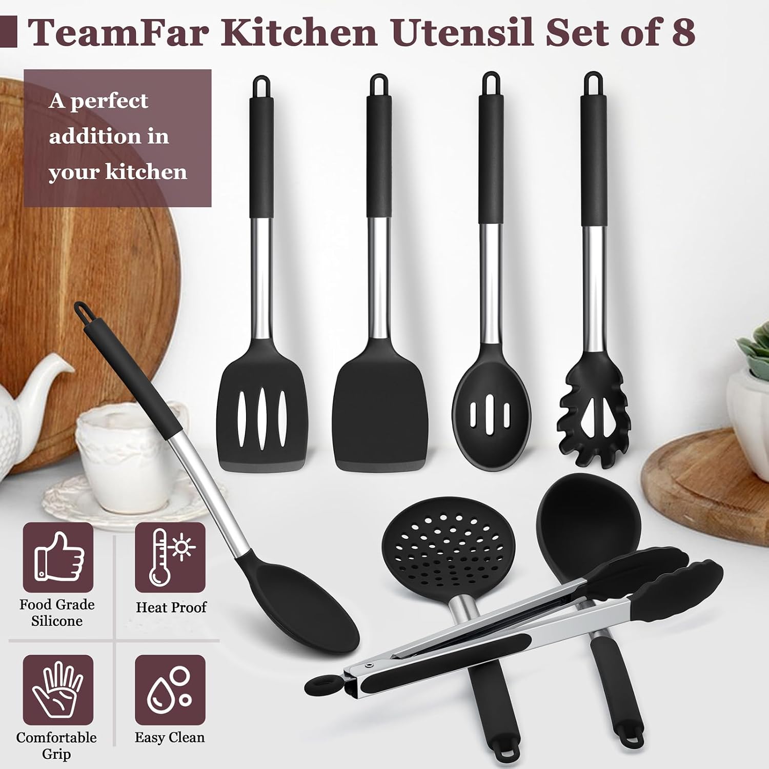 TeamFar Kitchen Utensils Set of 8, Silicone Utensils Kitchen Tools Set with Stainless Steel Handle, for Frying Serving Flipping Draining, Non-toxic & Heatproof, Nonstick & Dishwasher Safe - Black - Image 7