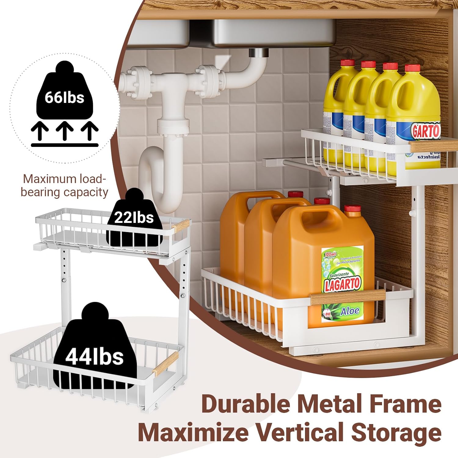 2 Pack Under Sink Organizer, 2 Tier Pull Out Cabinet Organizer with 5-Level Adjustable Height, Sliding Metal Storage Rack for Kitchen Bathroom Pantry, White - Image 3