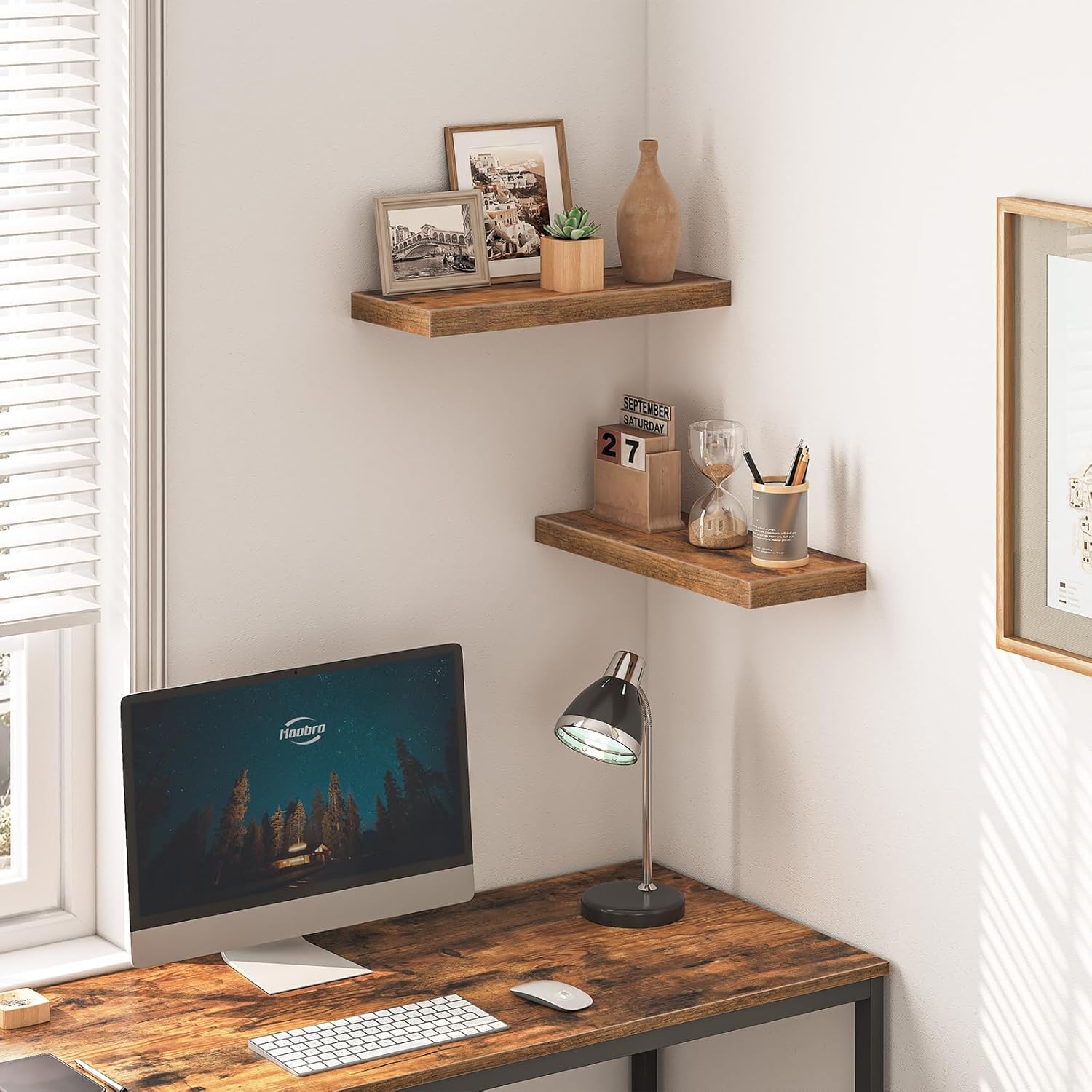 HOOBRO Floating Shelves for Wall, Wall Mounted Shelf Set of 2, 15.7" Hanging Shelf with Invisible Brackets, for Wall Decor Storage in Bathroom Bedroom Kitchen Living Room Office, Rustic Brown BF40BJ01 - Image 6