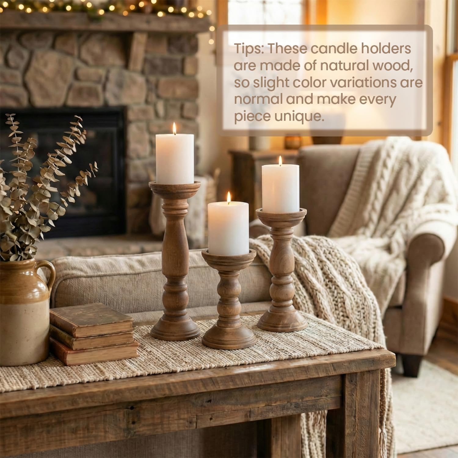 BANOMII Farmhouse Wooden Candle Holders for Pillar Candles Set of 3, Rustic Wood Candle Holder Table Centerpiece Decor, 12'' 9'' 6'' Vintage Tall Candle Stand Decorative, Brown - Image 6