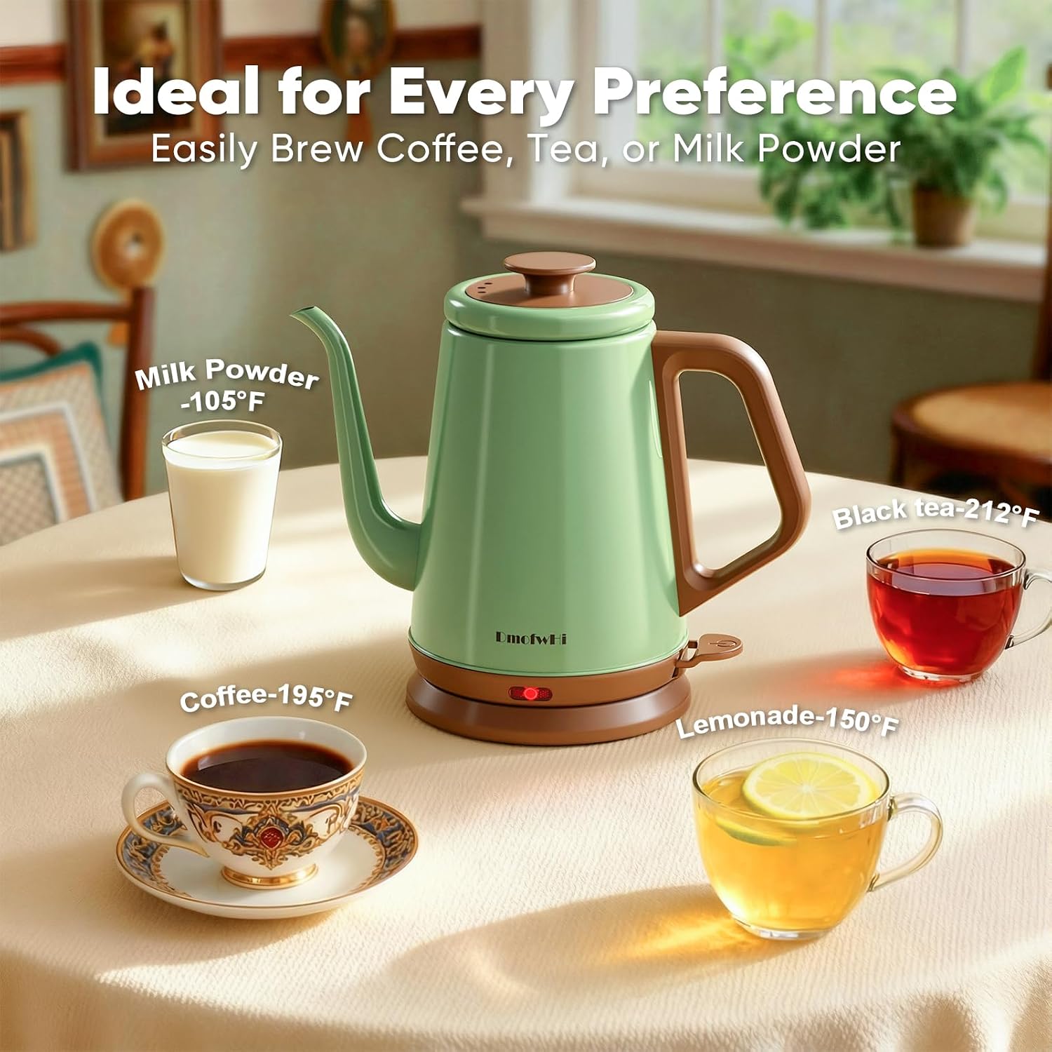 DmofwHi Gooseneck Electric Kettle(1.0L), 100% Stainless Steel BPA Free Classic Pour Over Coffee Kettle | Tea Kettle - Green - Image 3