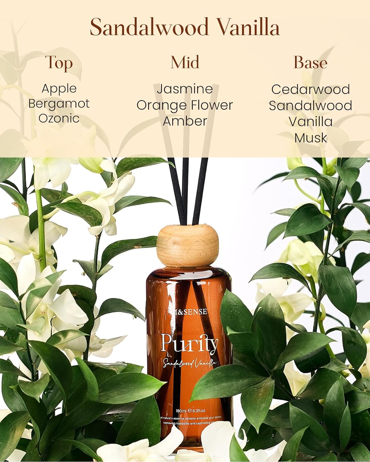 M&SENSE Sandalwood Vanilla Reed Diffuser: Upgraded Formula 6.3 fl oz Non-Toxic Aroma Set with Sticks, Long-Lasting Natural Essential Oil Gifts for Home, Bedroom - Image 2
