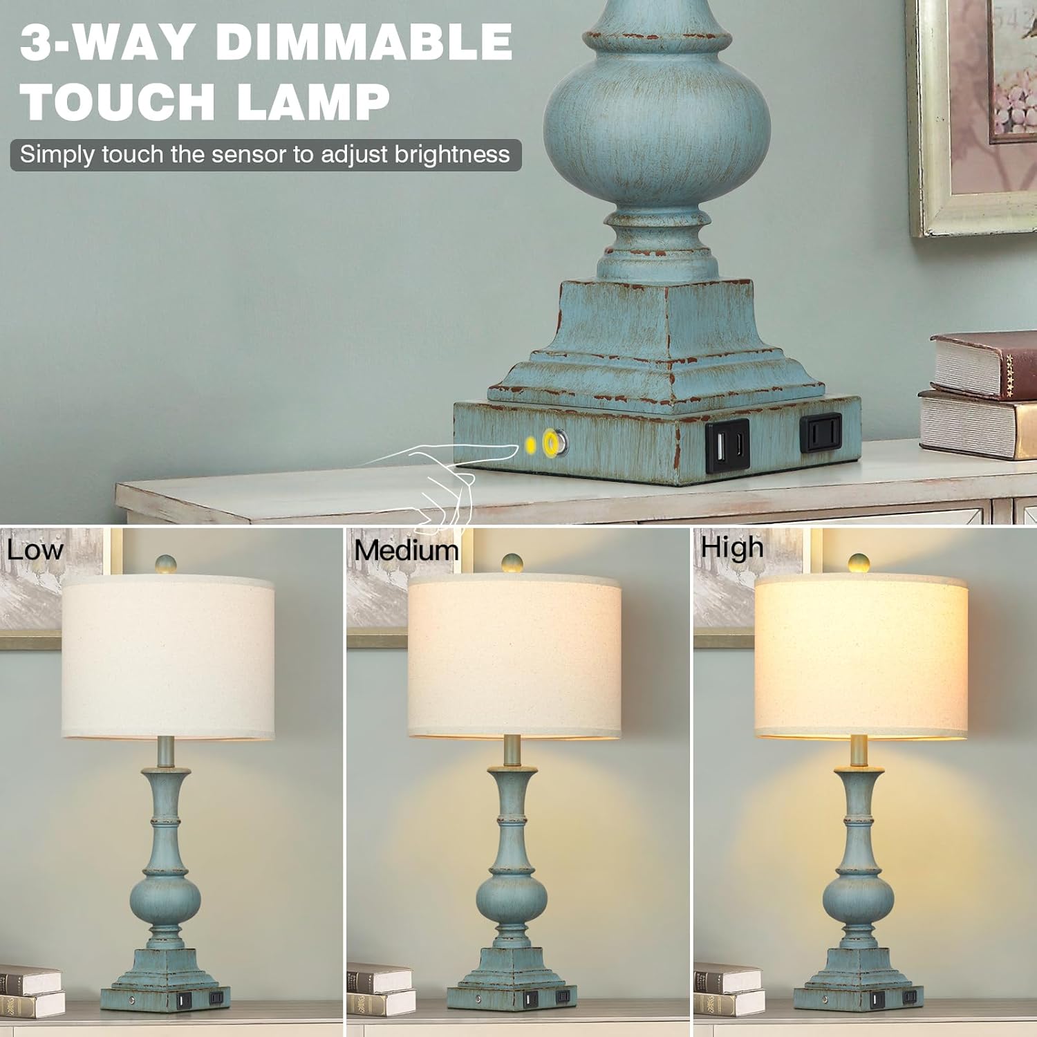 Farmhouse Table Lamps Set of 2, 26" Vintage Rustic Touch Control 3-Way Dimmable Bedside Lamp with USB A+C Ports & AC Outlet, Blue Nightstand Lamp for Living Room Bedroom End Table(LED Bulbs Included) - Image 4