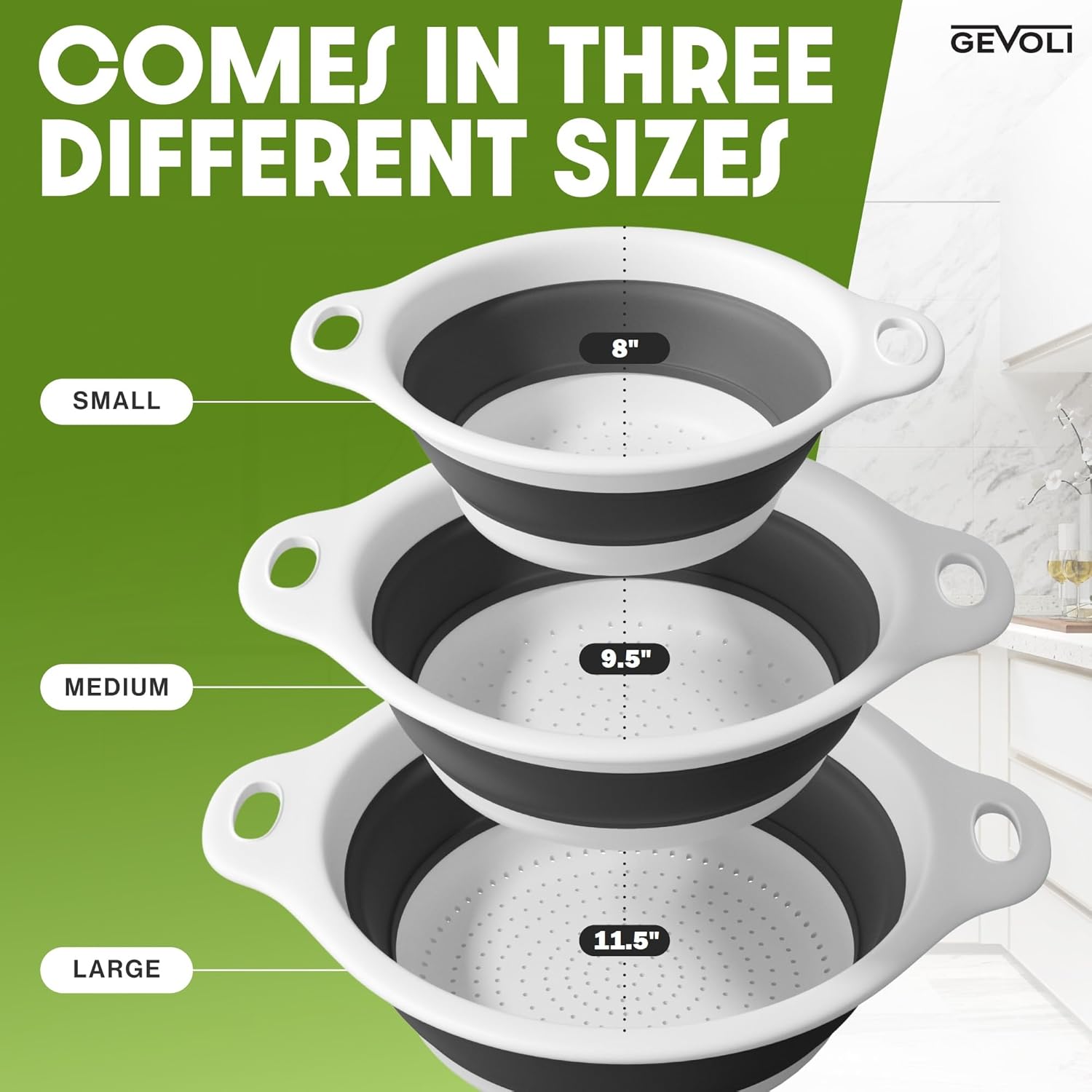 Gevoli Collapsible Colanders (3 Pack Set) Food Strainers with Over-Sink Water Draining Base for Pasta Fruits and Vegetables (Patent Pending) White (3 Sizes, 3QT, 4QT and 5 Quart) - Image 3